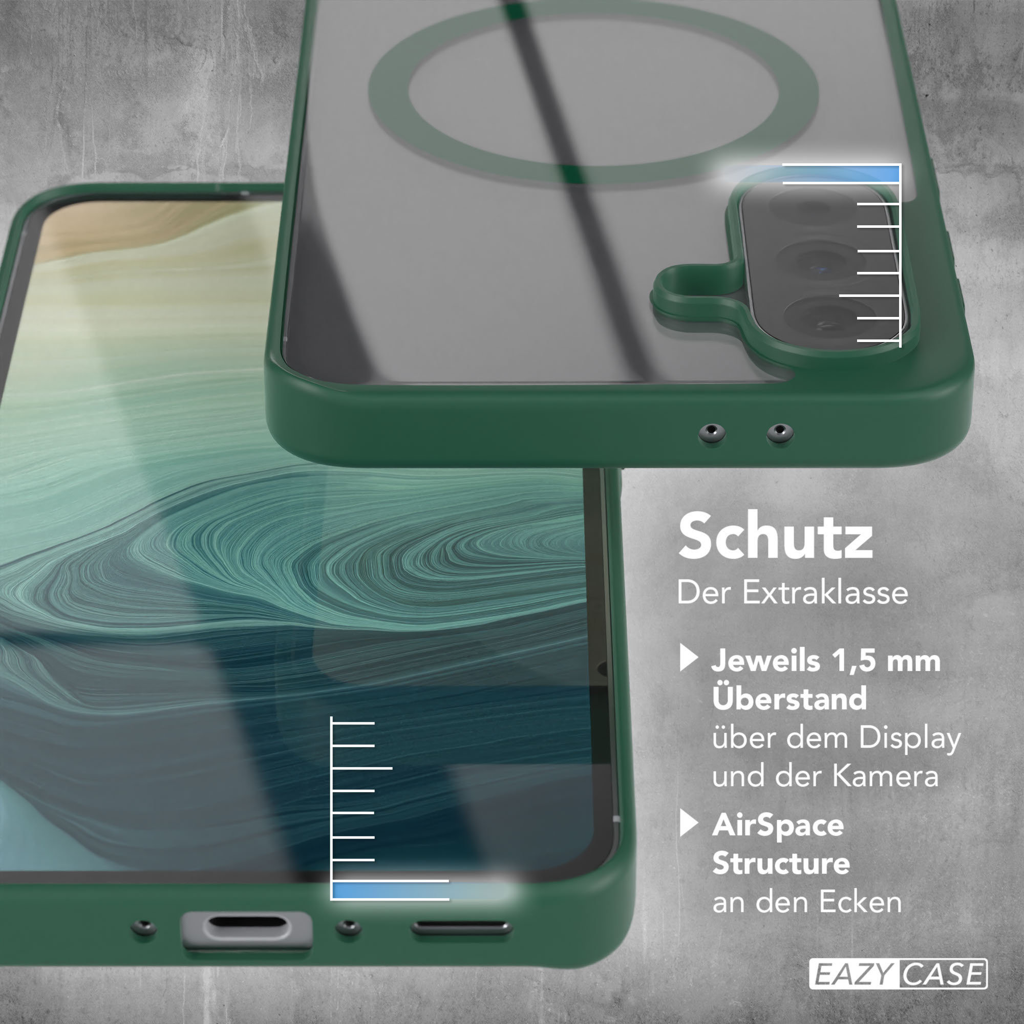 Nahaufnahme einer grünen Handyhülle mit Displayschutz, die den Rand des Telefons zeigt.