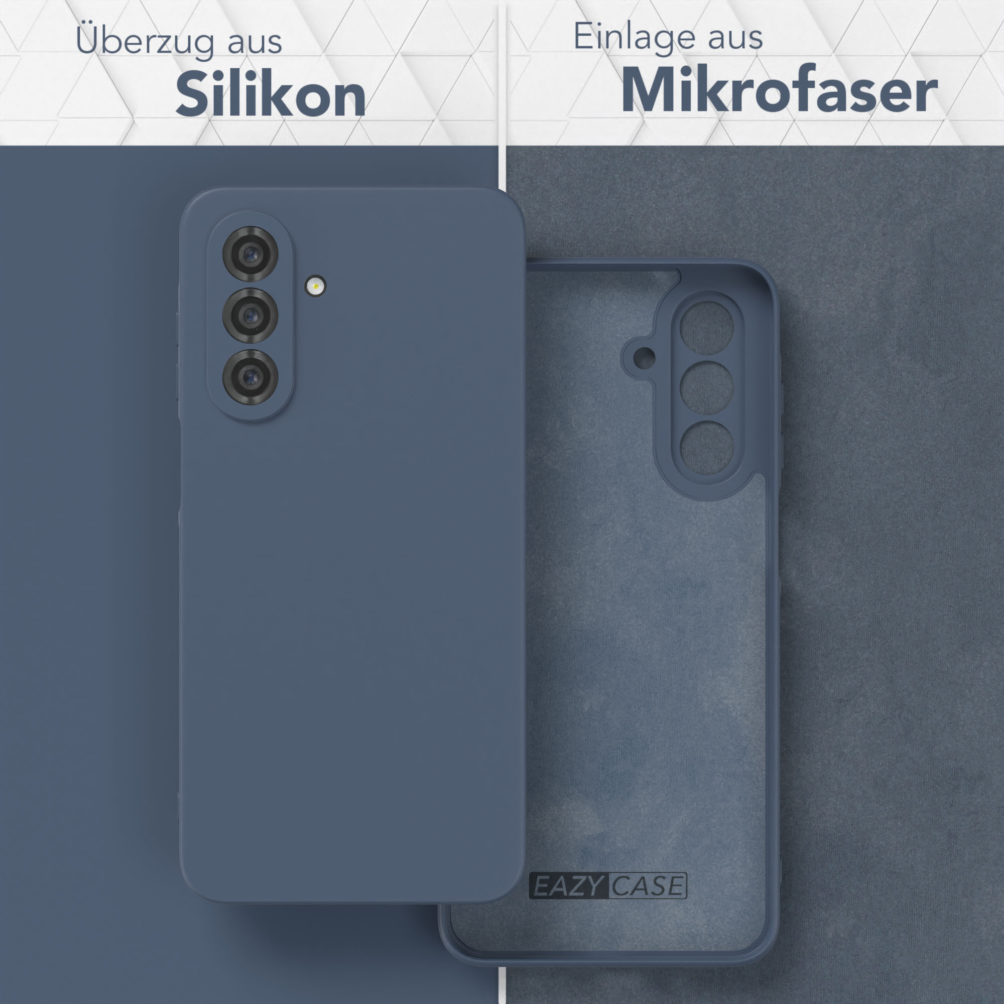 Blaue Handyhülle mit Silikon außen und Mikrofaser innen, auf blauem Hintergrund.