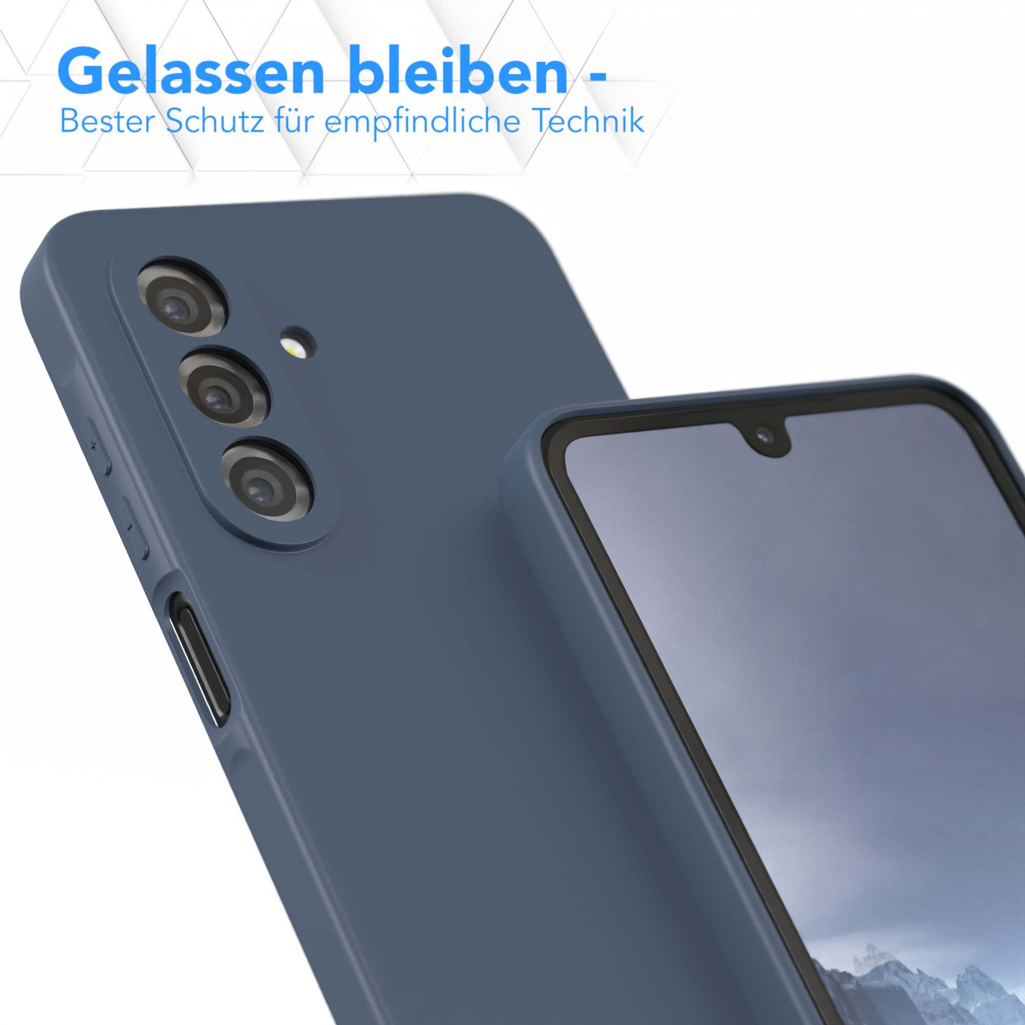 Blaue Handyhülle mit Kameraaussparungen, abgewinkelt, um die Rückseite des Telefons zu zeigen.