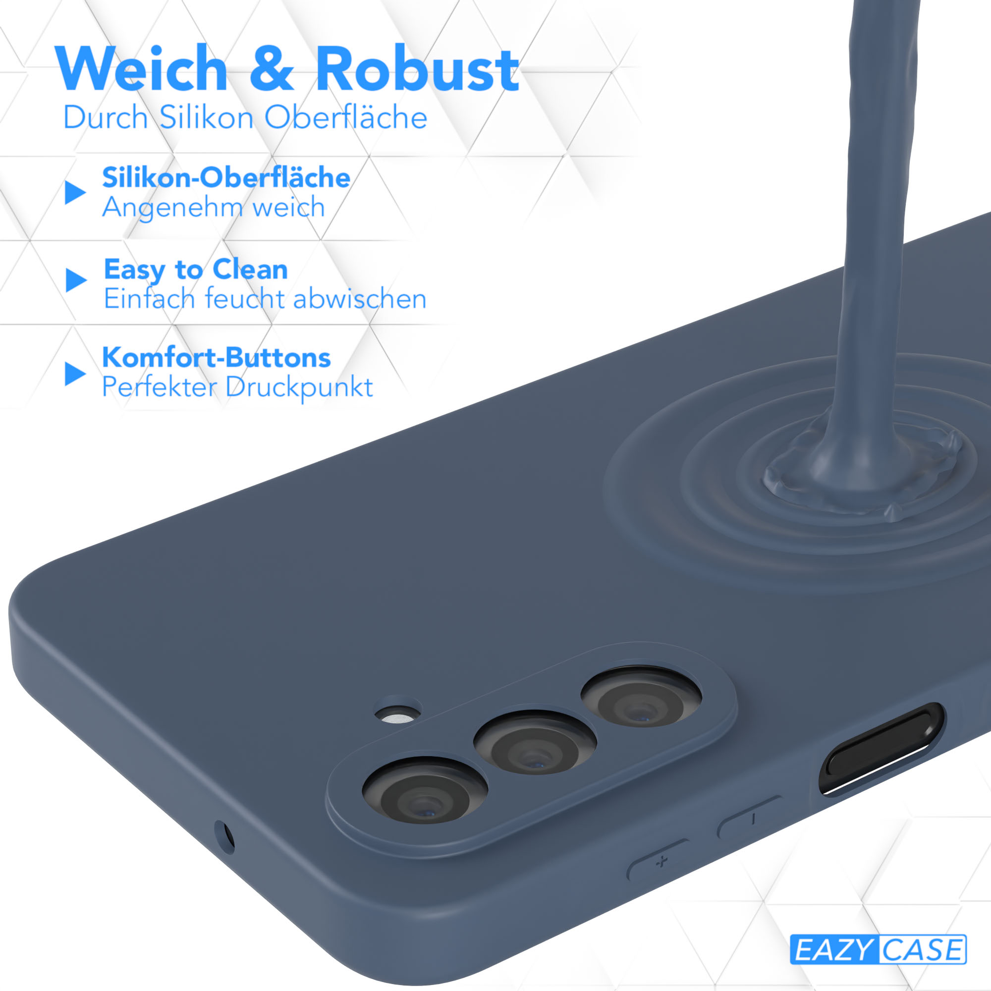 Eine blaue Handyhülle mit flüssigem Design auf weißem Untergrund. Text auf der Hülle weist auf die Funktionen hin.