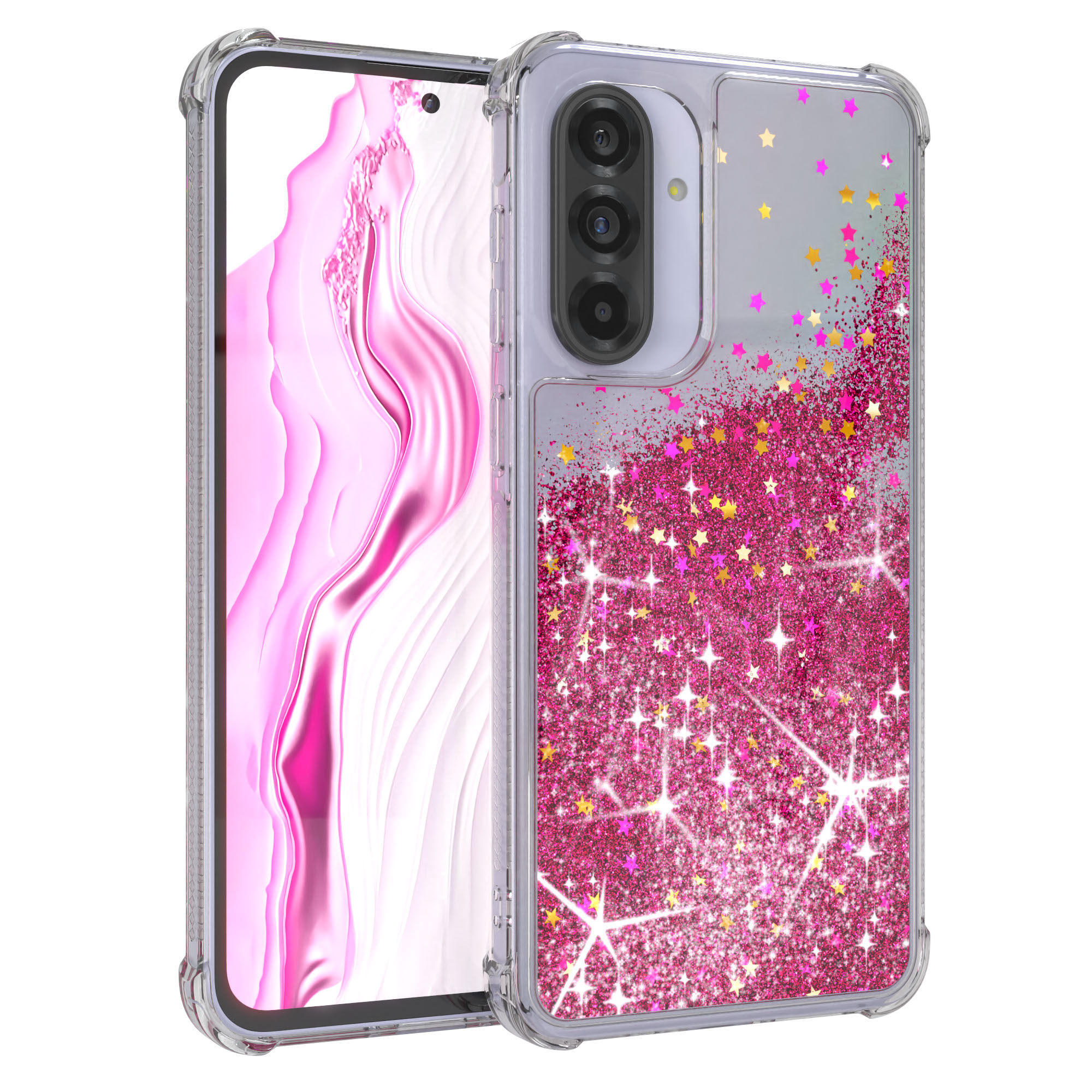 Ein Telefon mit pinkfarbenem Glitzer-Gehäuse, das rosa und goldenen Glitzer zeigt.