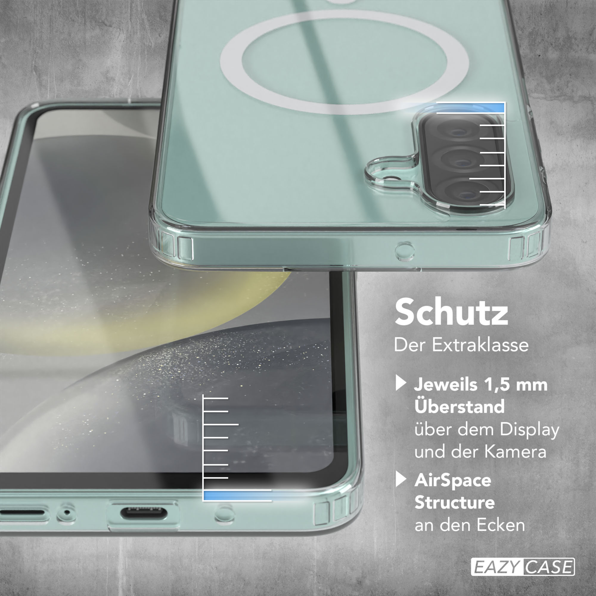 Zwei Handyhüllen, eine transparent, im Detail gezeigt. Maße und Merkmale werden hervorgehoben.