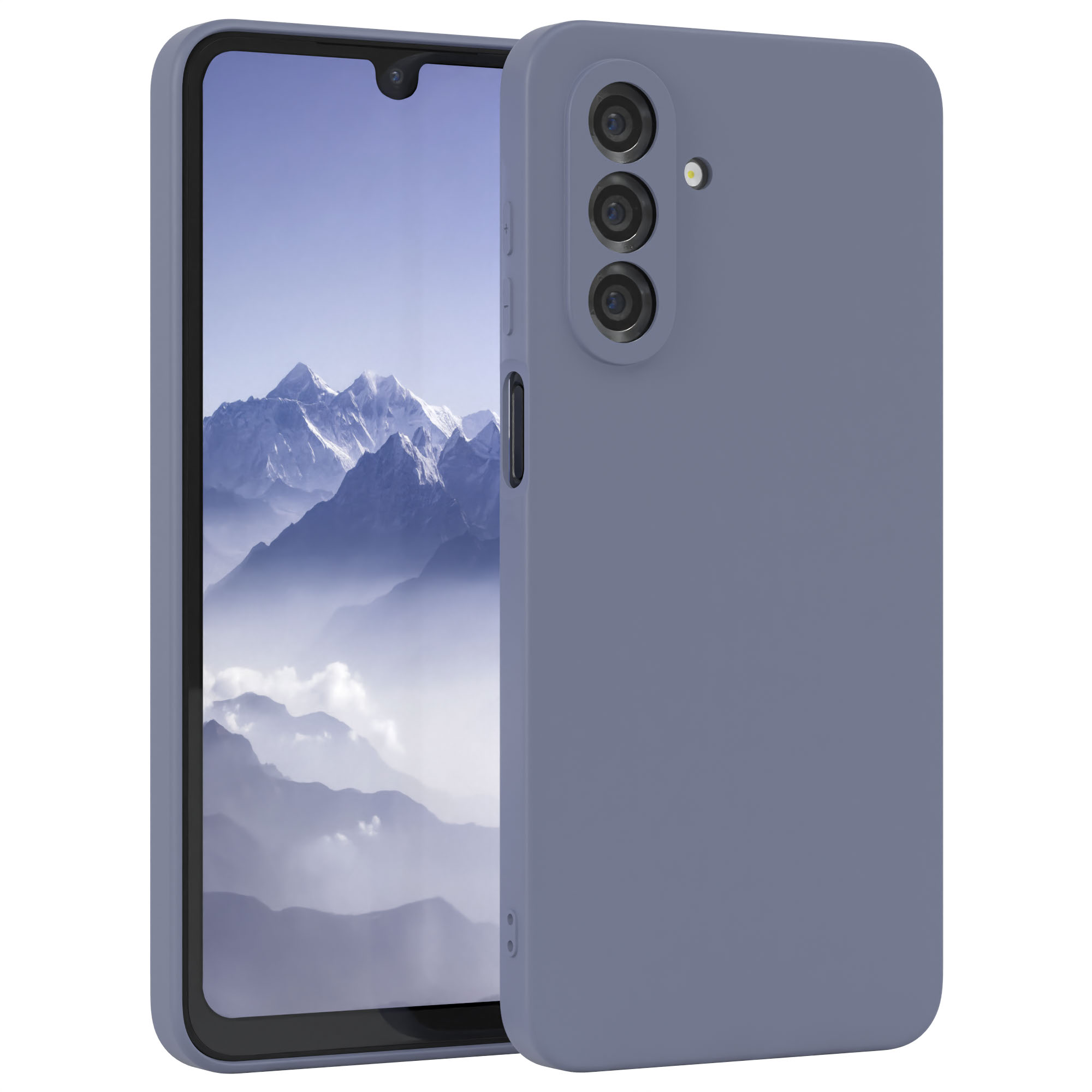 Lila Handyhülle mit Telefon. Weißer Hintergrund. Handyhülle bedeckt das Telefon.