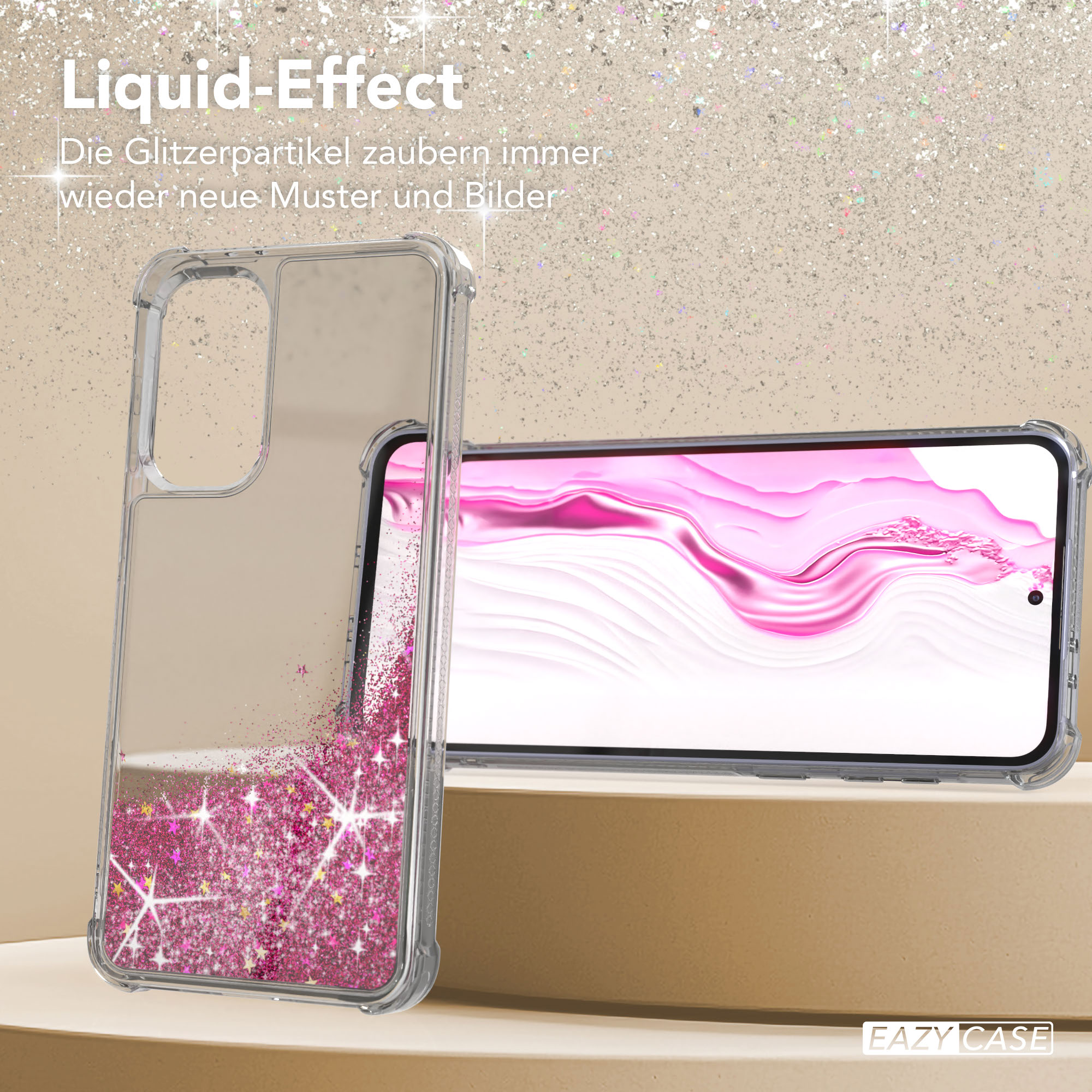 Transparente Handyhülle mit rosa Glitzereffekt. Telefon im Inneren. Die Hülle liegt auf goldener Oberfläche.