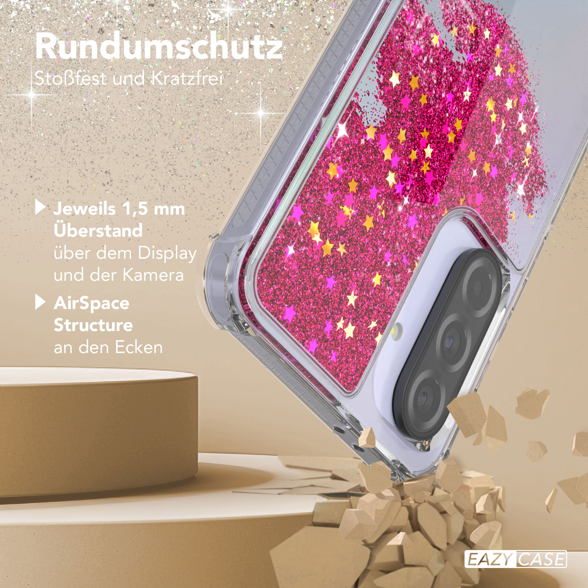 Telefon in einer Hülle mit Glitzer. Text sagt 'Rundumschutz' (Rundumschutz) und 'Stoßfest und Kratzfrei' (stoßfest und kratzfrei).
