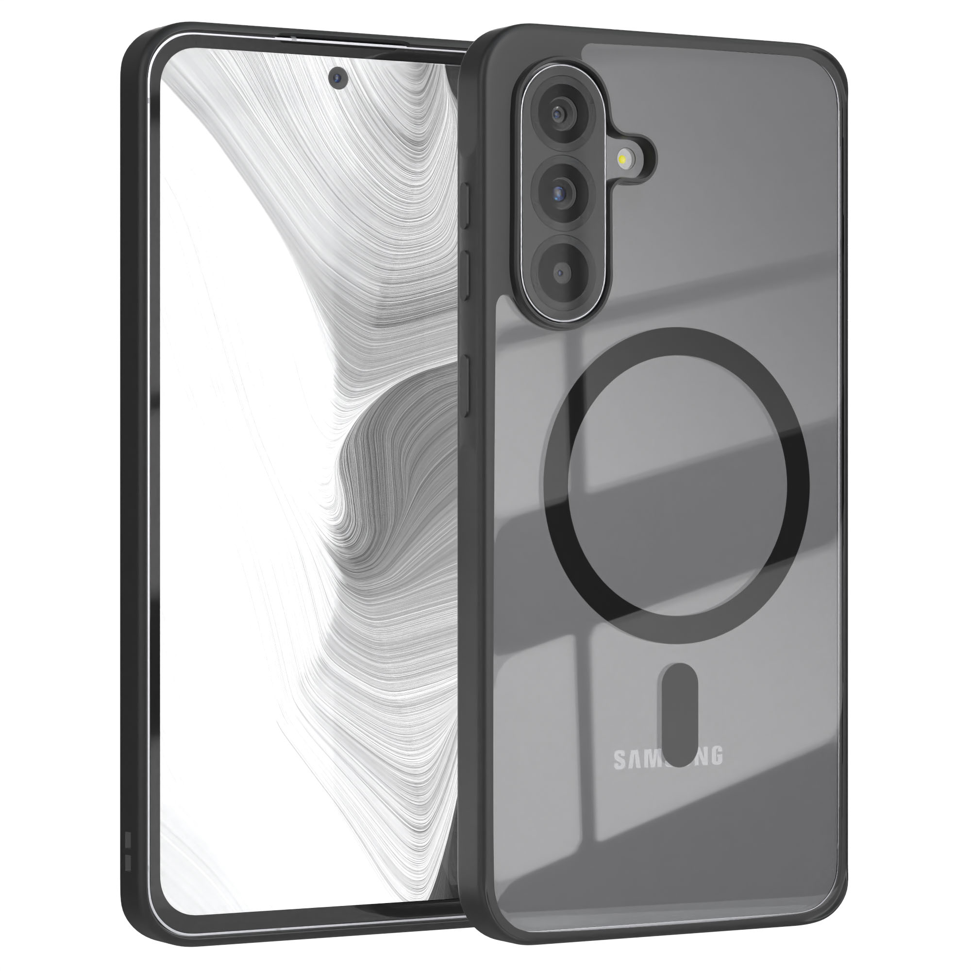 Schwarze Handyhülle mit schwarzem Ring und Samsung-Logo. Das Telefon wird links gezeigt.