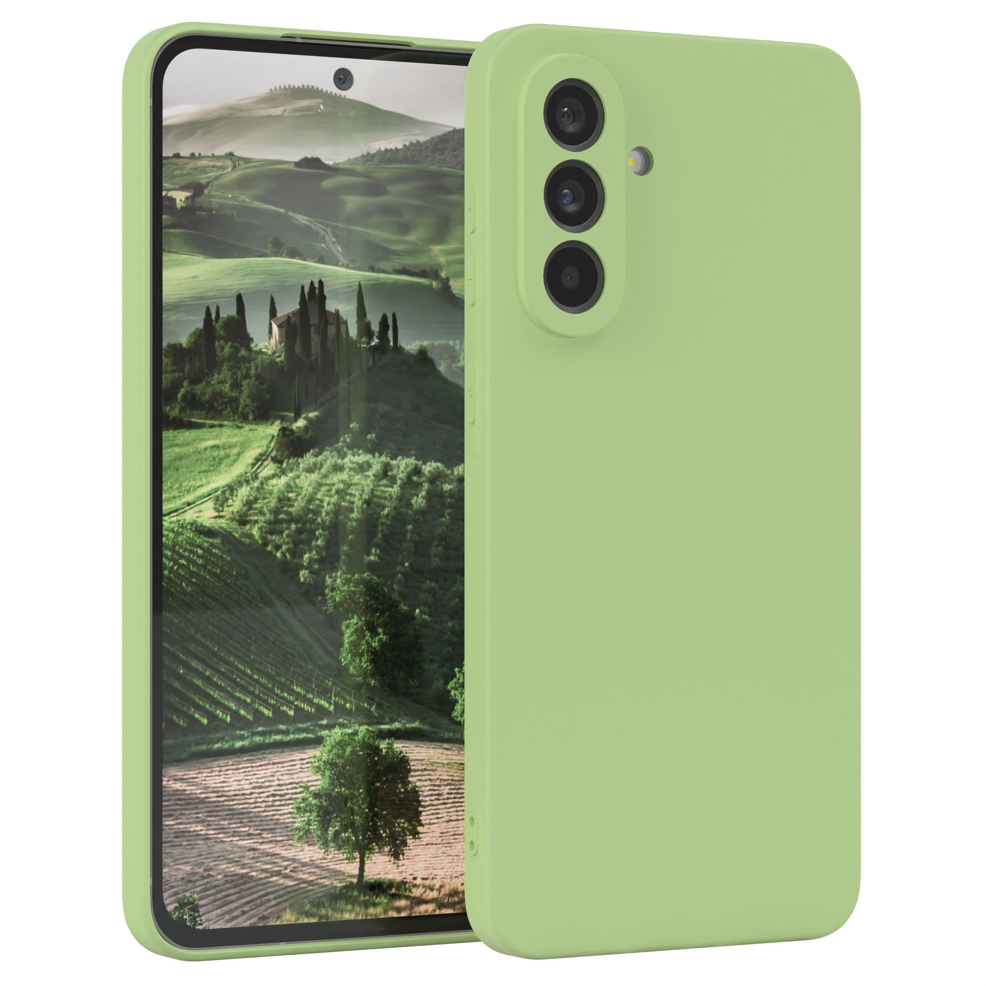 Hellgrünes Telefon mit Hülle. Telefonbildschirm zeigt Landschaft mit Bäumen und Gebäude.