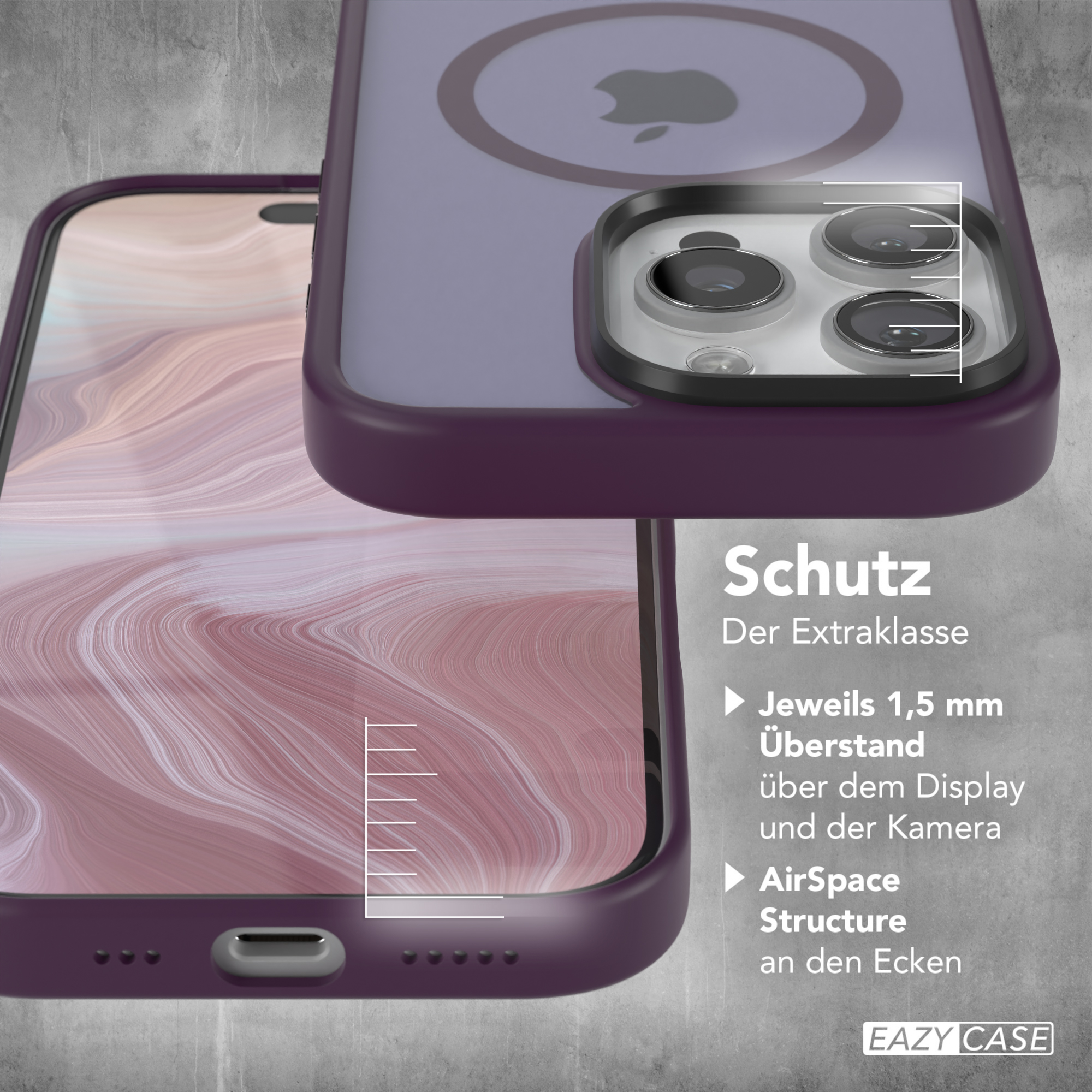 Lila Handyhülle mit Telefon, zeigt Schutz mit Text. Weißer Hintergrund.