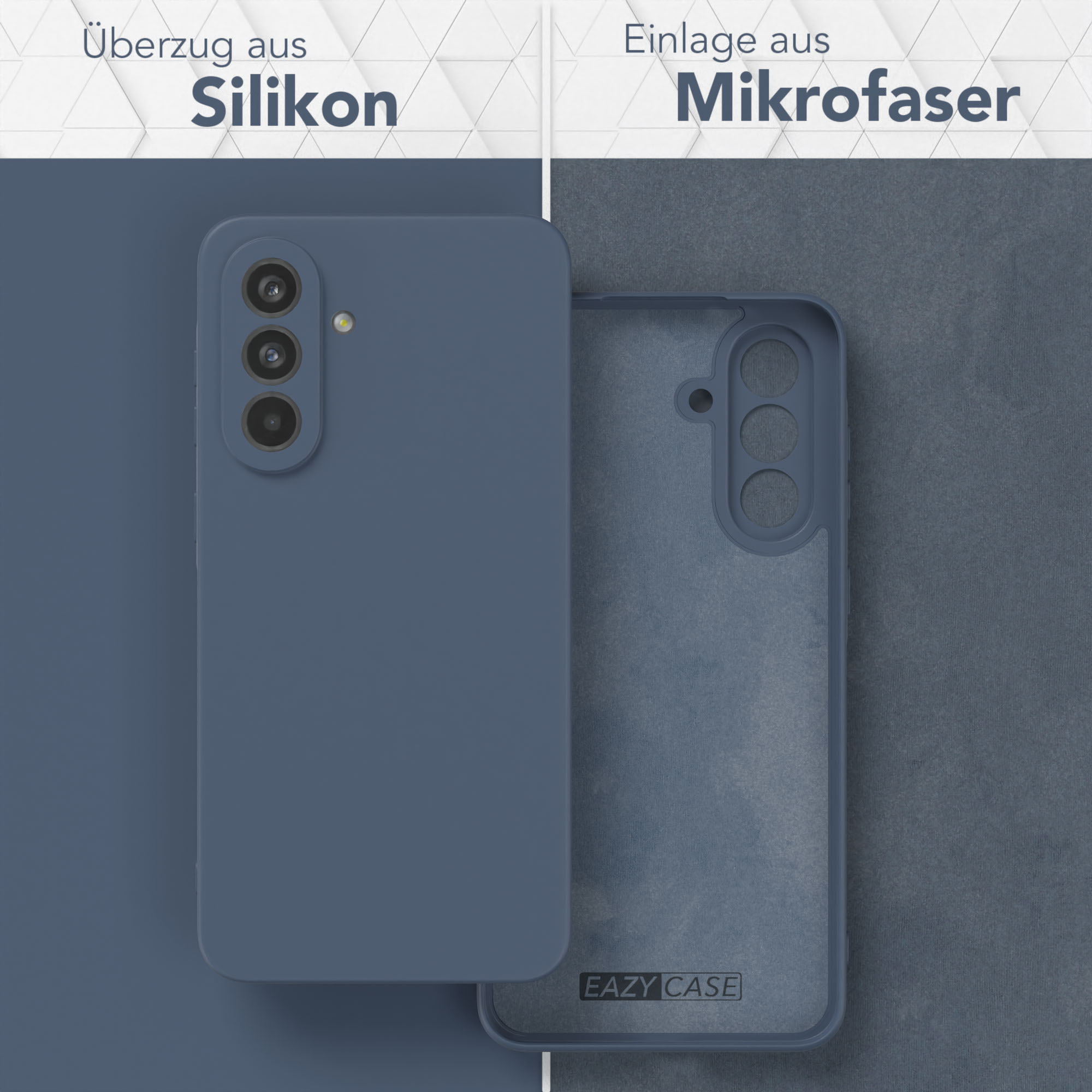 Zwei Handyhüllen, eine links und die andere offen rechts. Beide sind blau.