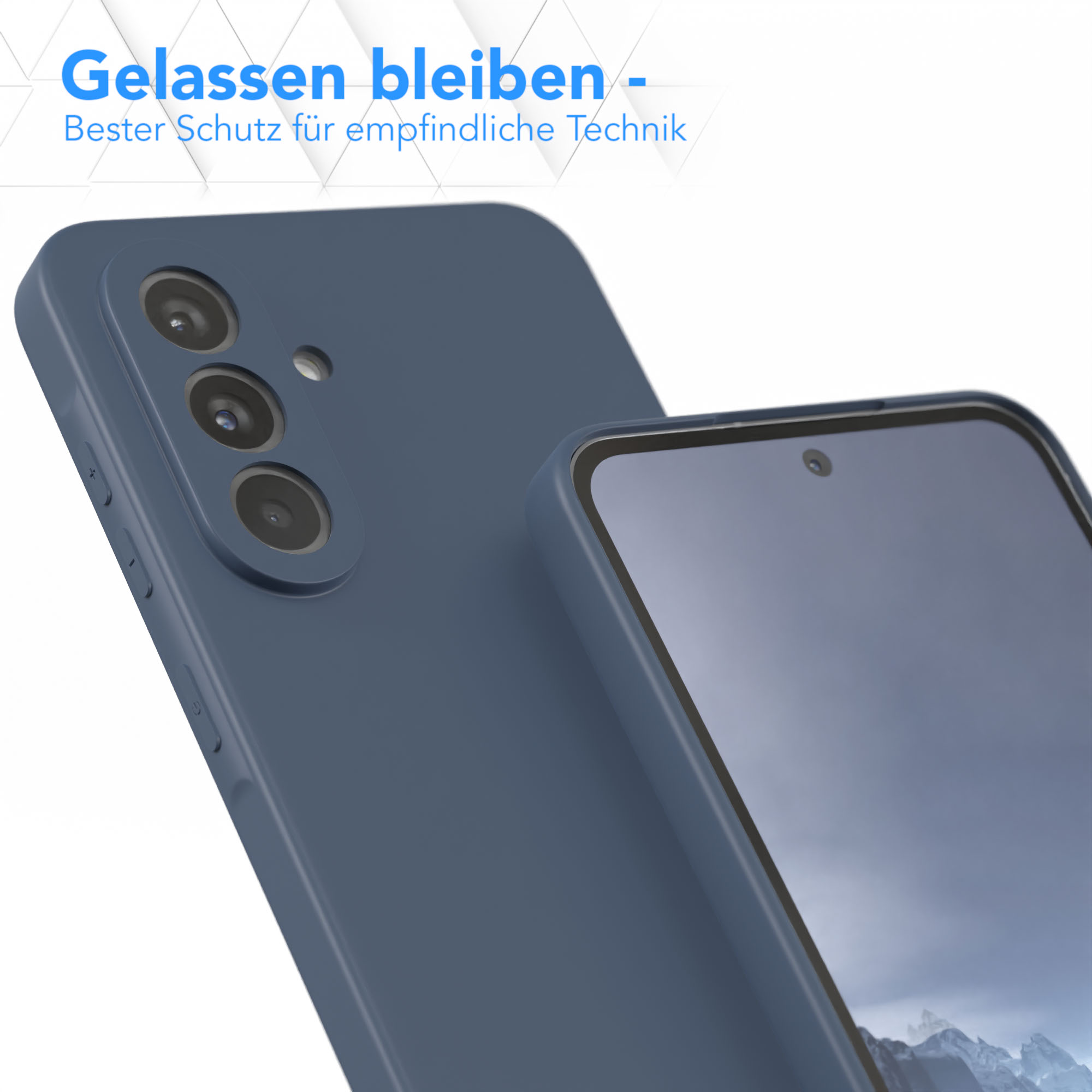 Dunkelblaue Handyhülle auf einem Telefon und Telefonanzeige mit grauem Bildschirm. Weißer Hintergrund
