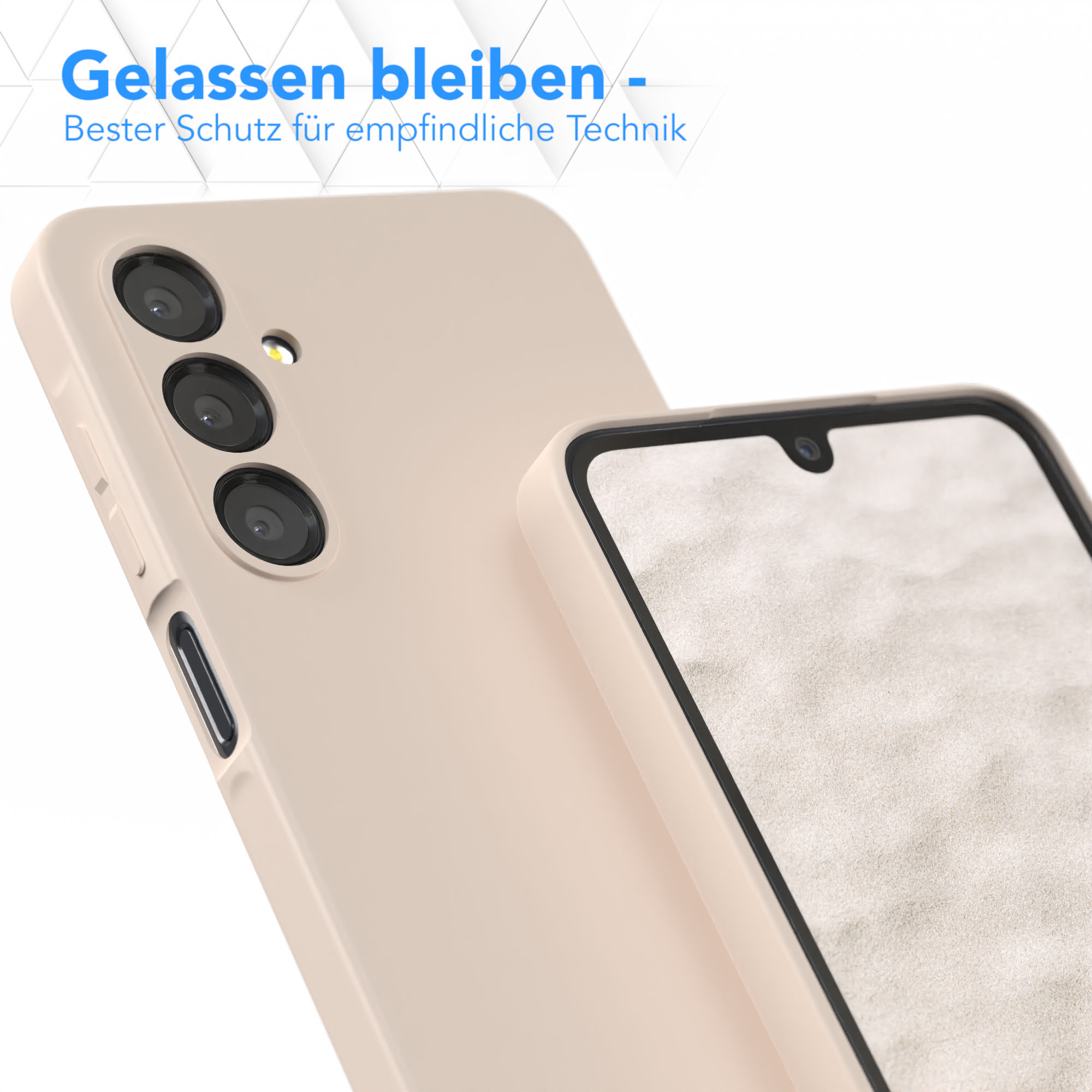 Handyhülle und Telefon, Text: Entspannt bleiben, Bester Schutz für empfindliche Technik.