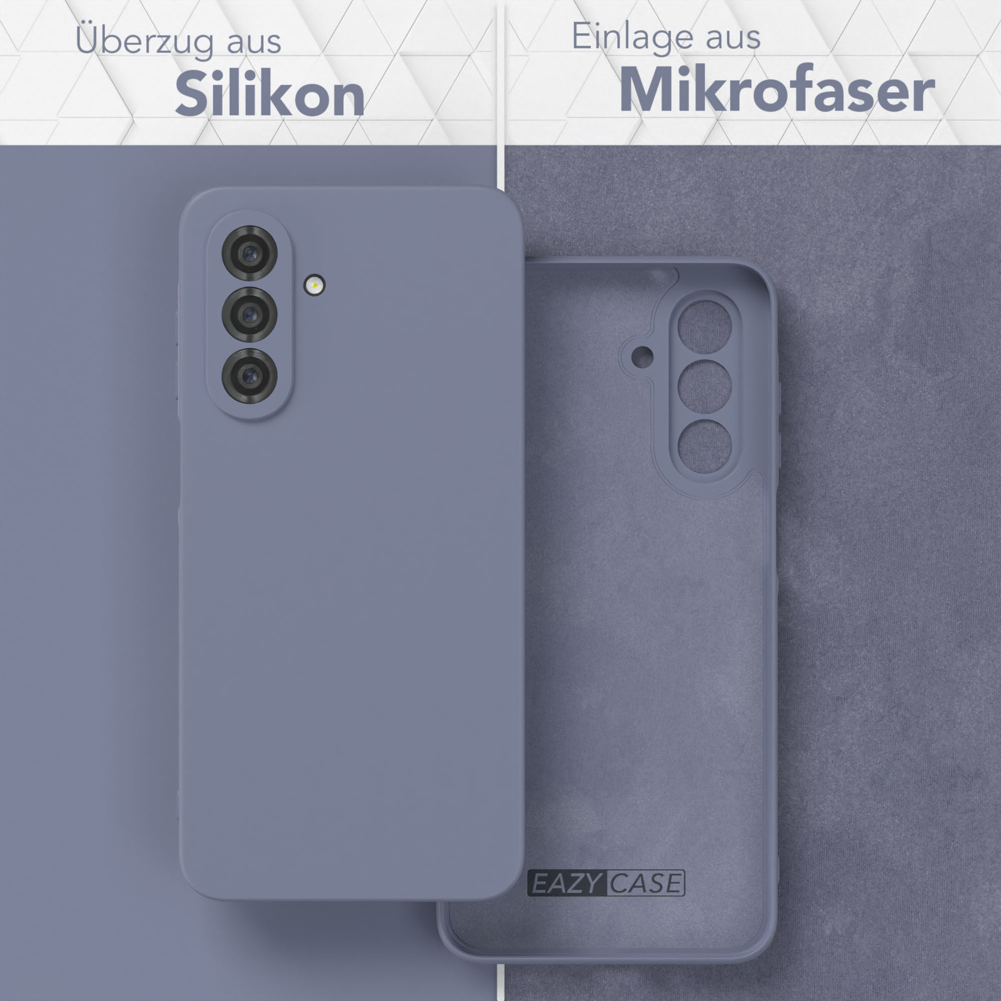 Handyhülle mit Telefon, Text: Überzug aus Silikon, Einlage aus Mikrofaser, EAZY CASE Logo.