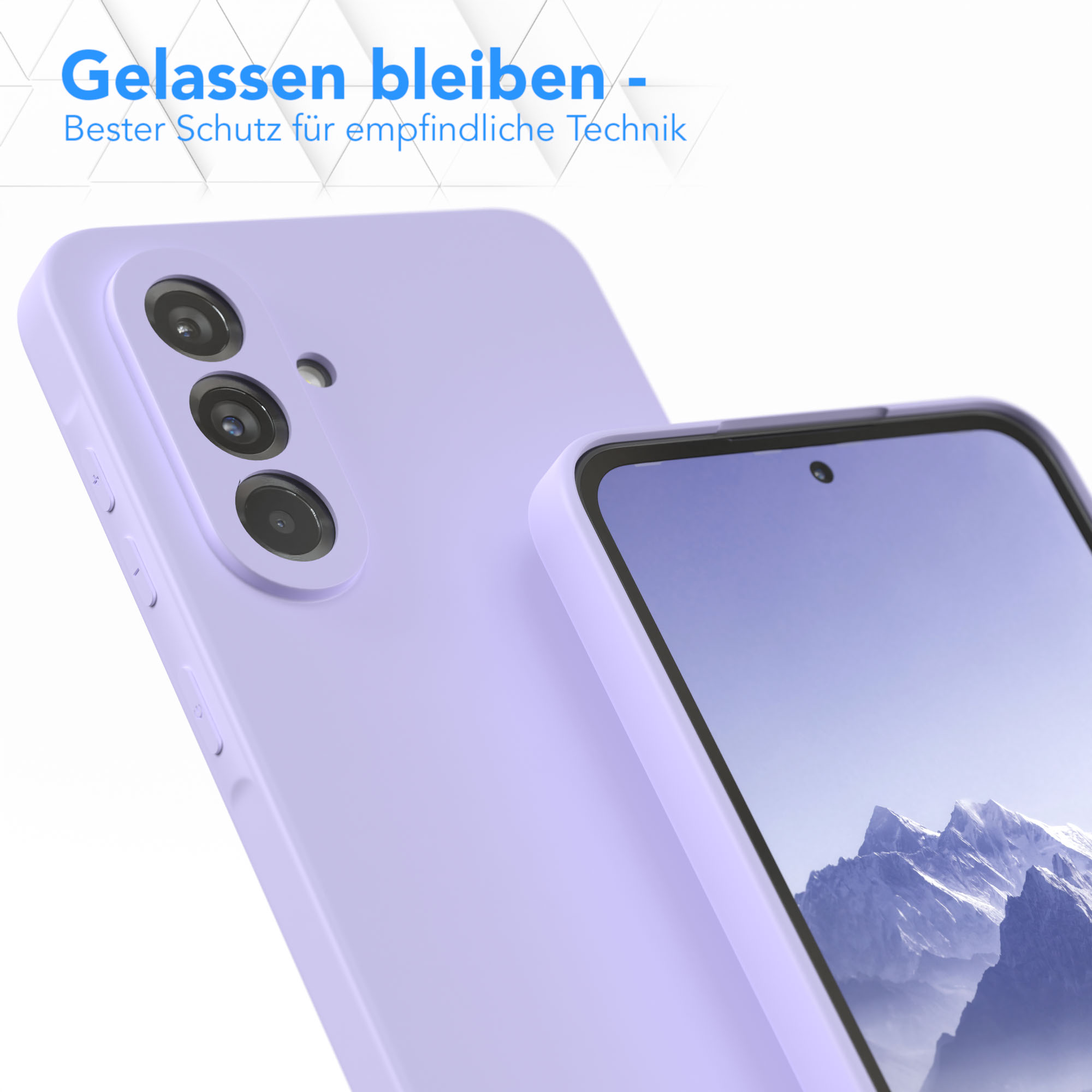 Eine lila Handyhülle mit einem Telefon darin, mit Text zum Schutz der Technologie.