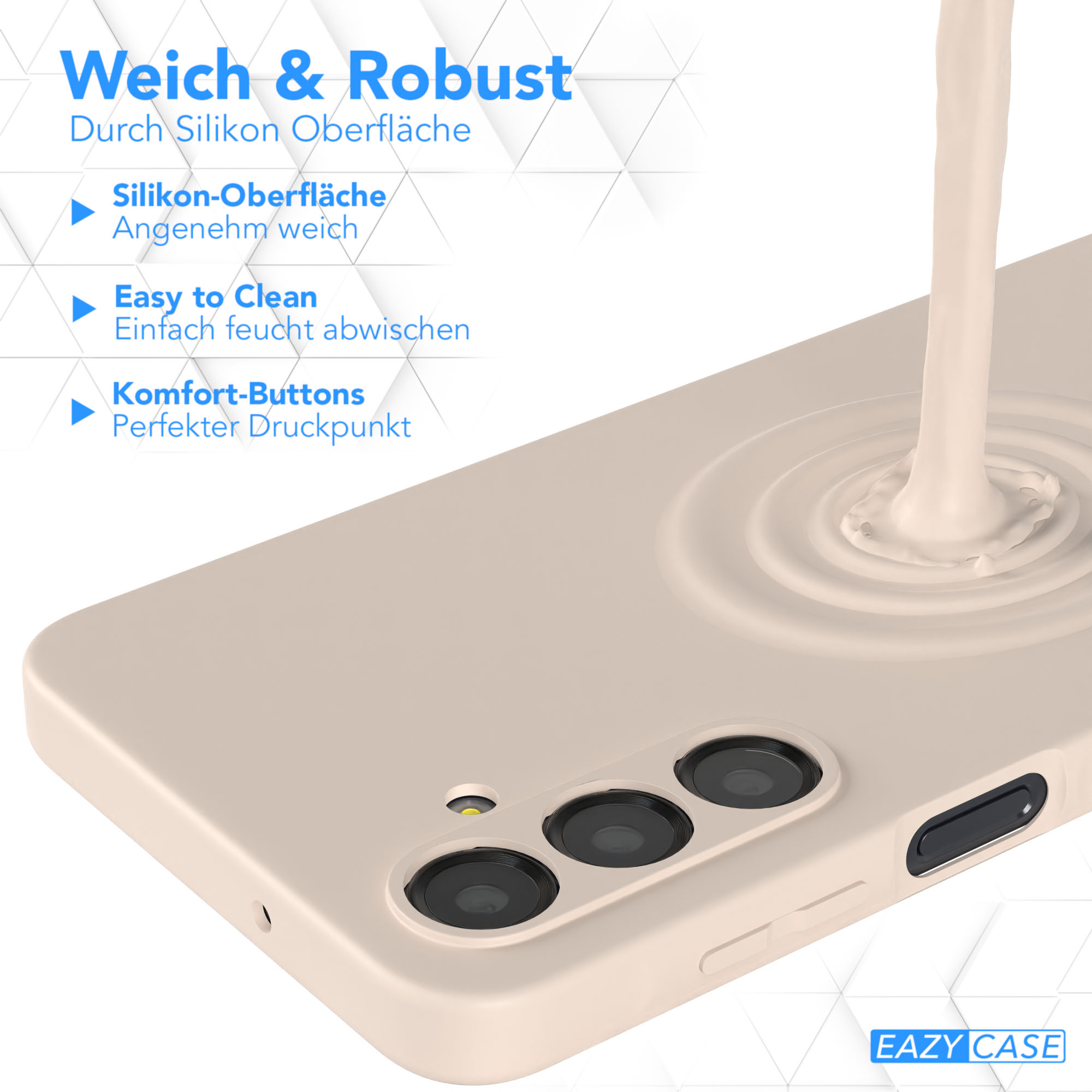 Beige Handyhülle mit fließender Flüssigkeit. Text: Weich & Robust, Silikonoberfläche. Leicht zu reinigen, bequeme Tasten.