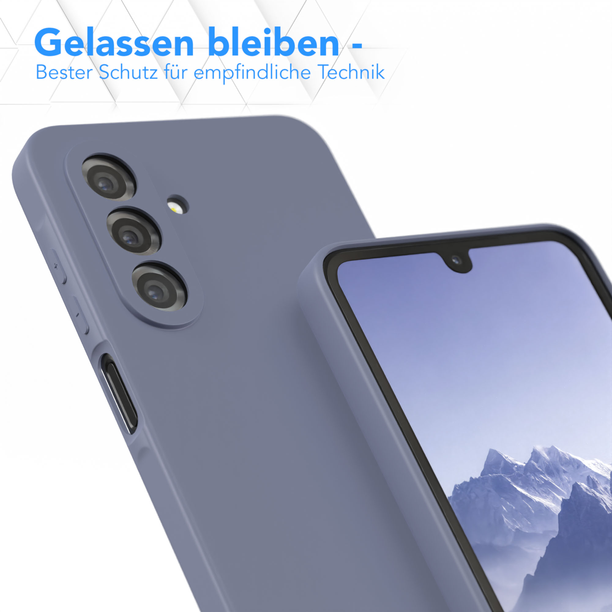Ein blaues Telefon mit Hülle. Das Telefon zeigt eine Berglandschaft.