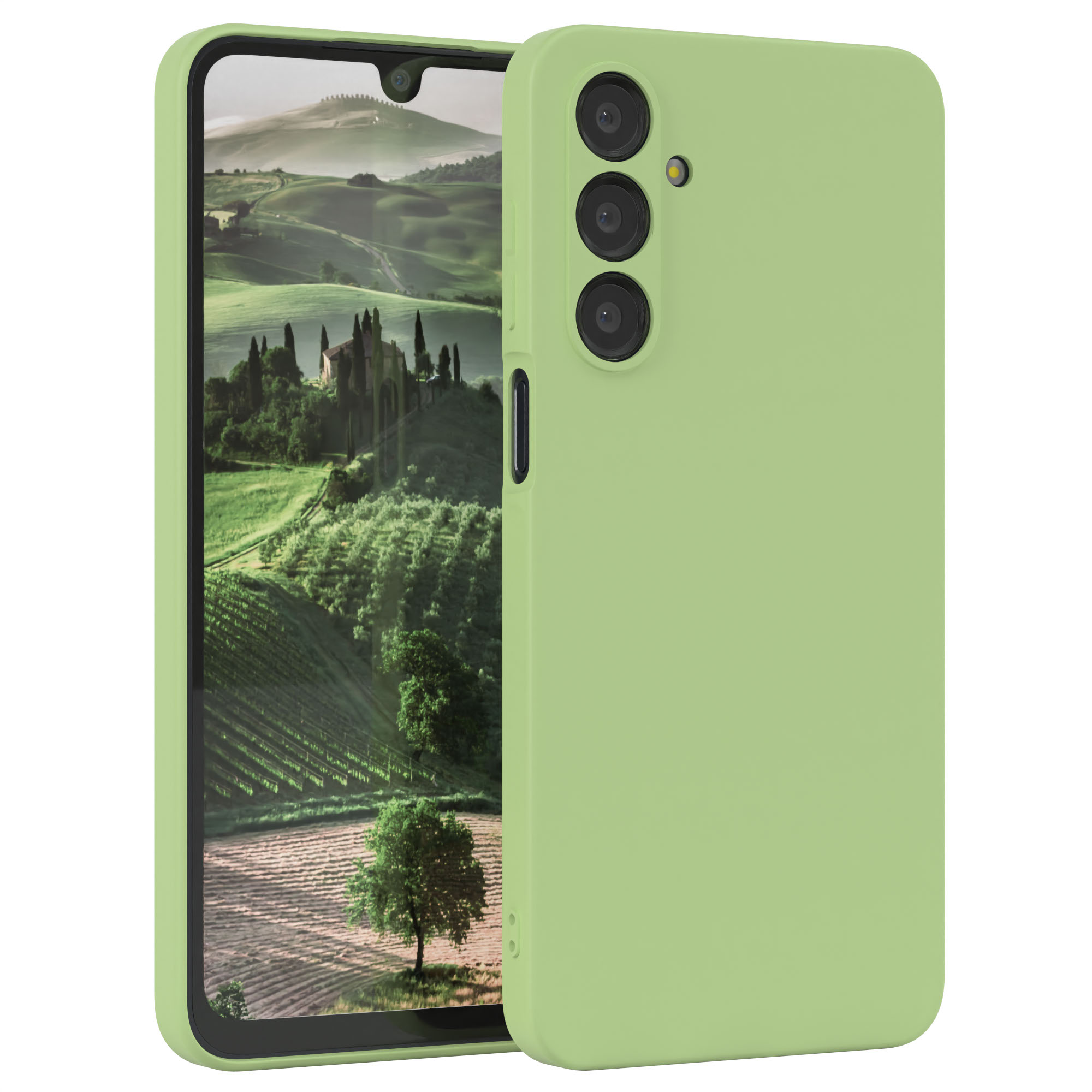 Hellgrüne Handyhülle mit Telefon. Das Telefon zeigt eine Landschaft. Drei Kameras hinten.