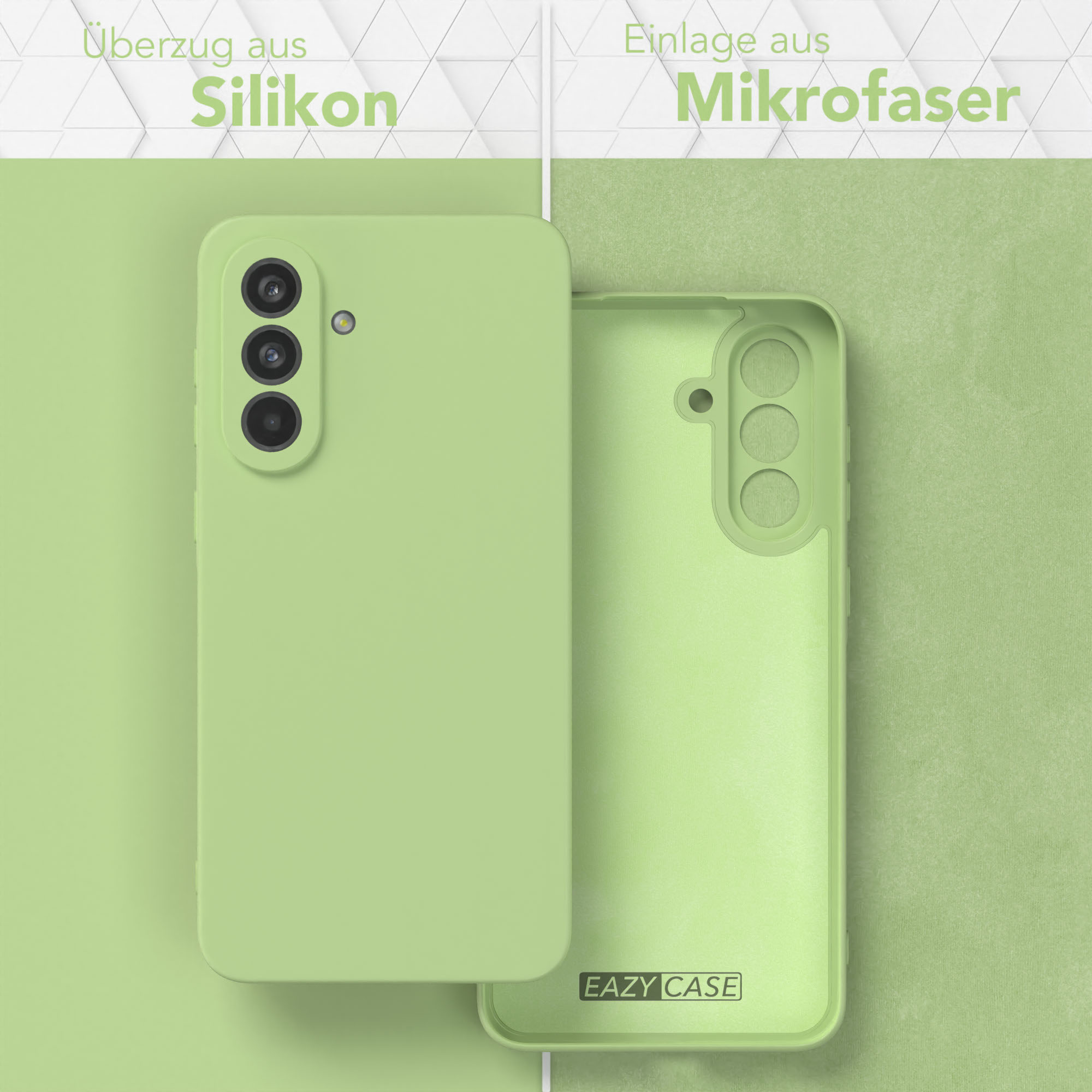Grüne Handyhülle mit einem Telefon, zeigt Silikon und Mikrofaser.