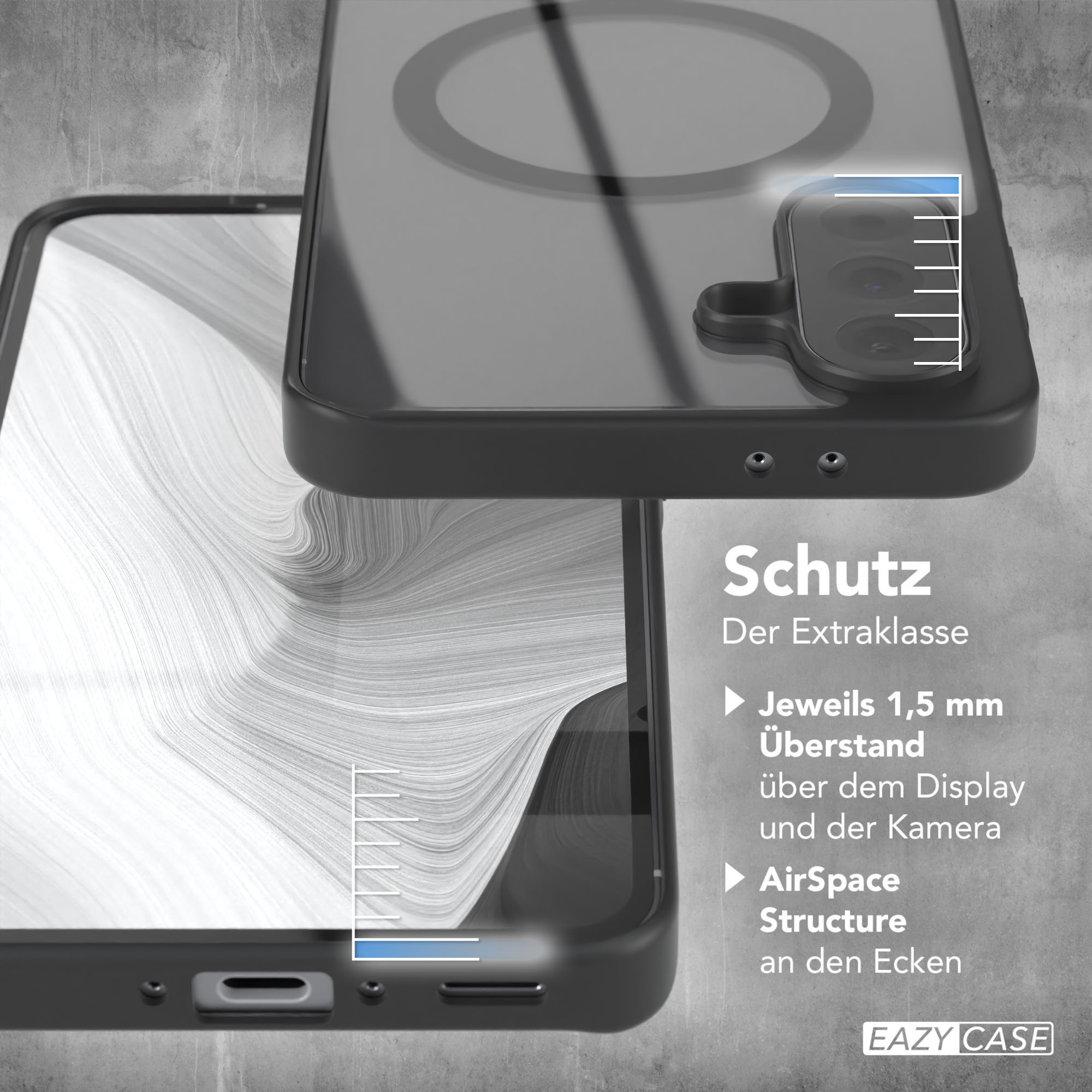 Eine Handyhülle mit einem Telefon darin. Die Hülle hat einen Kameraausschnitt, und der Text Schutz ist sichtbar.