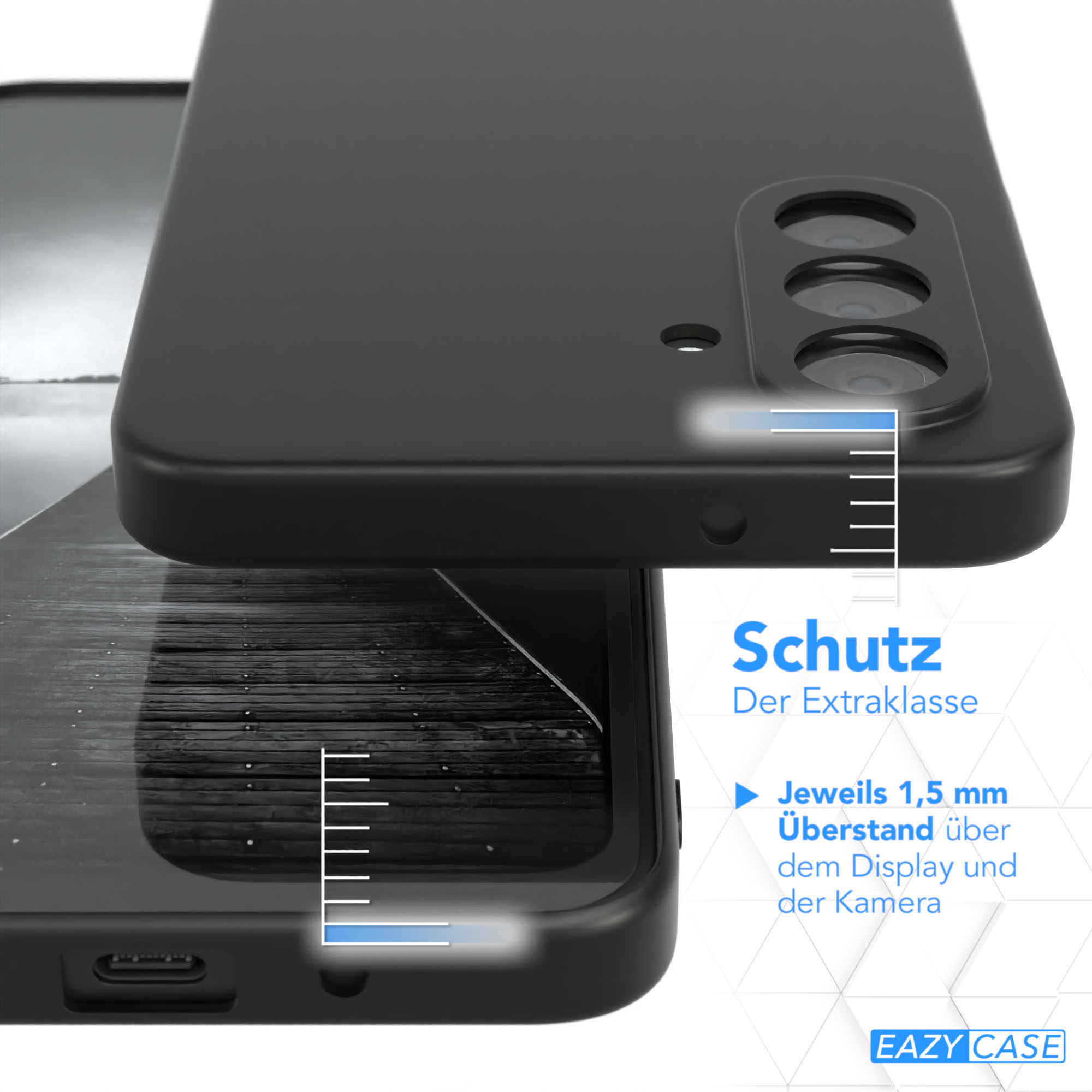 Schwarze Handyhülle auf dem Telefon. Text und Skala.