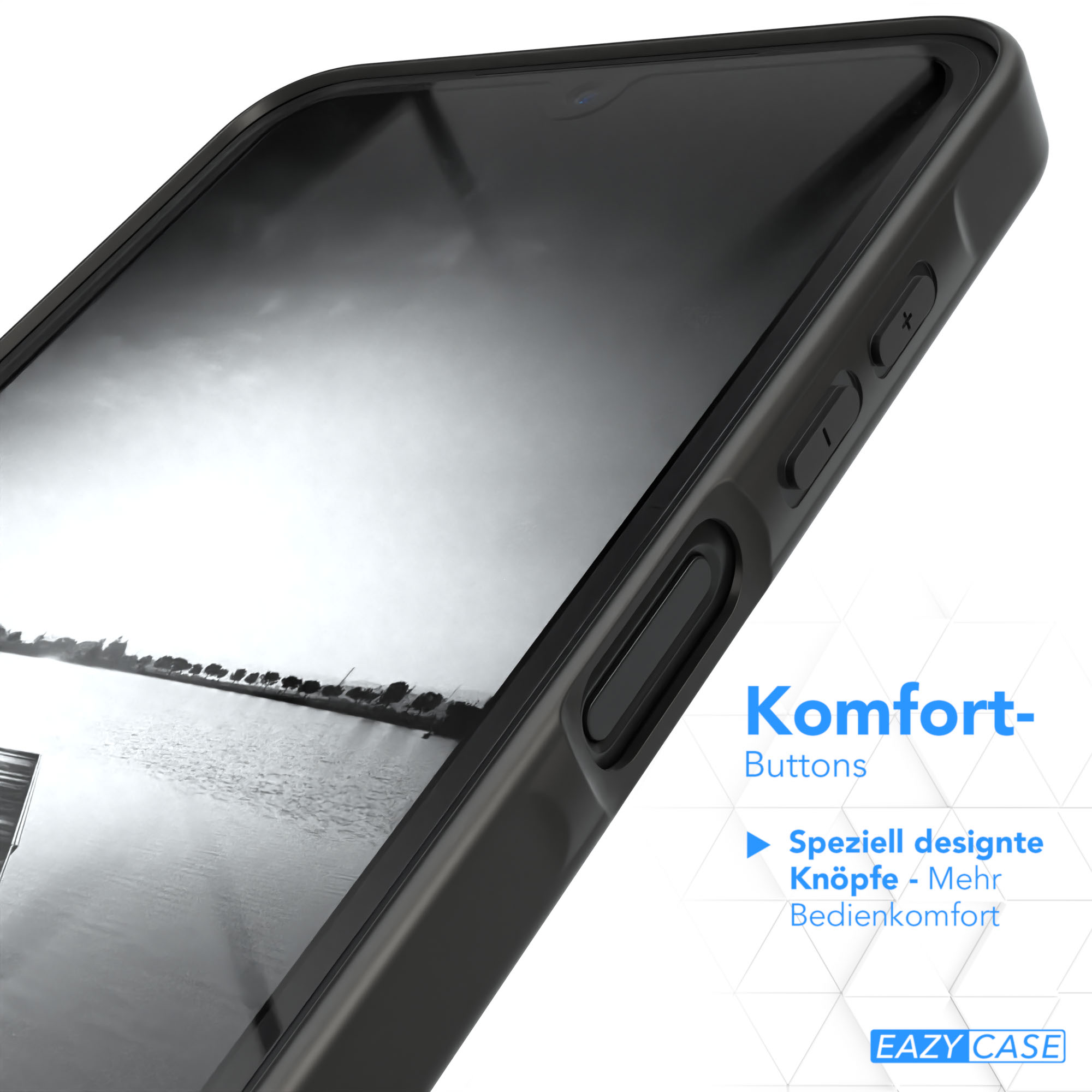 Ein schwarzes Telefon mit einem Bildschirm, der eine Landschaft anzeigt. Text auf Deutsch: 'Komfort-Buttons'.