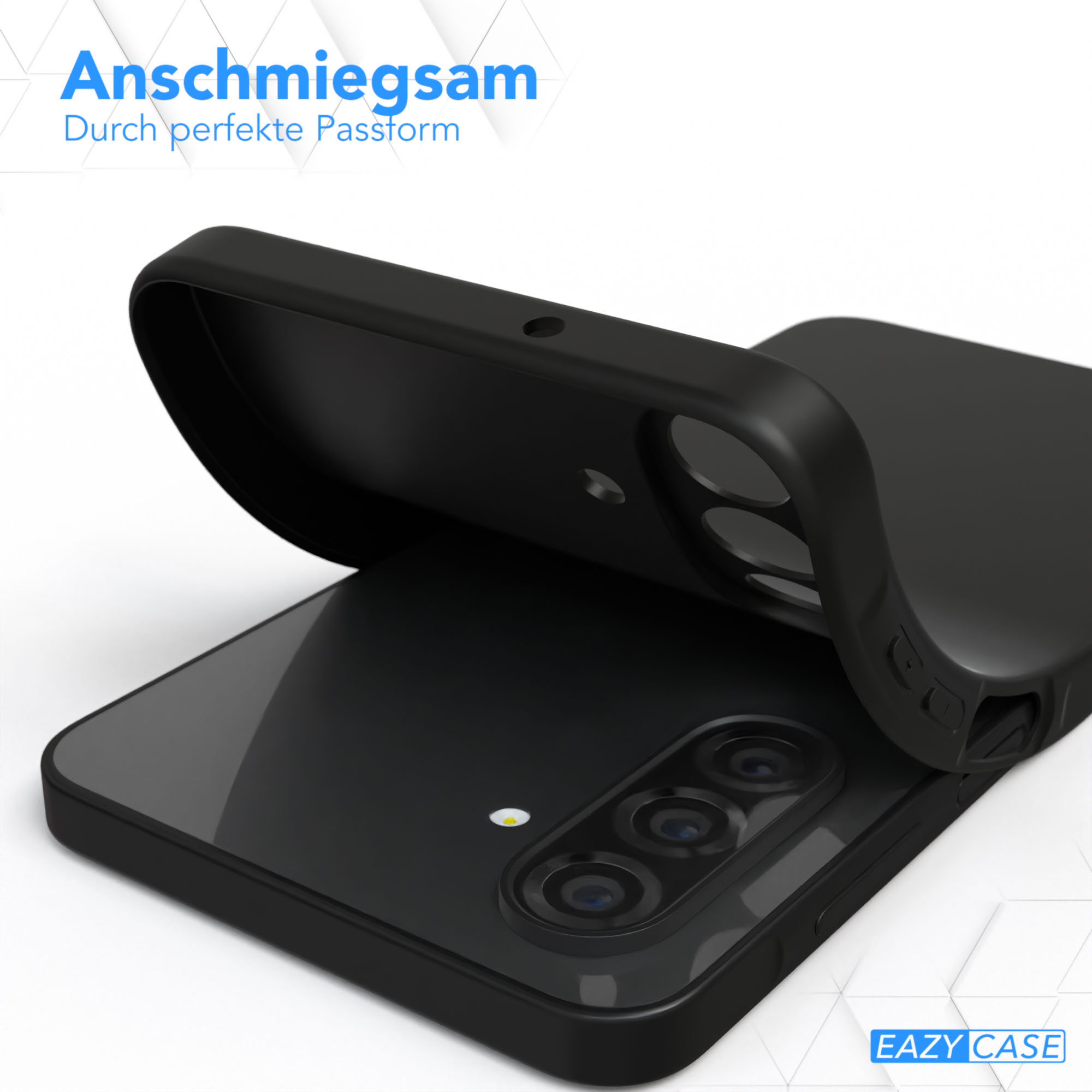 Eine schwarze Handyhülle schützt ein Smartphone, zeigt eine transparente Rückseite.