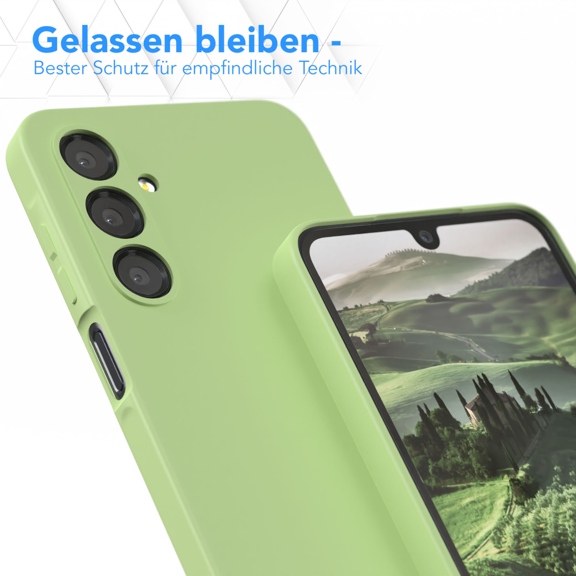 Eine grüne Handyhülle schützt ein Telefon. Der Text oben lautet: „Entspannt bleiben - Bester Schutz für empfindliche Technik“.