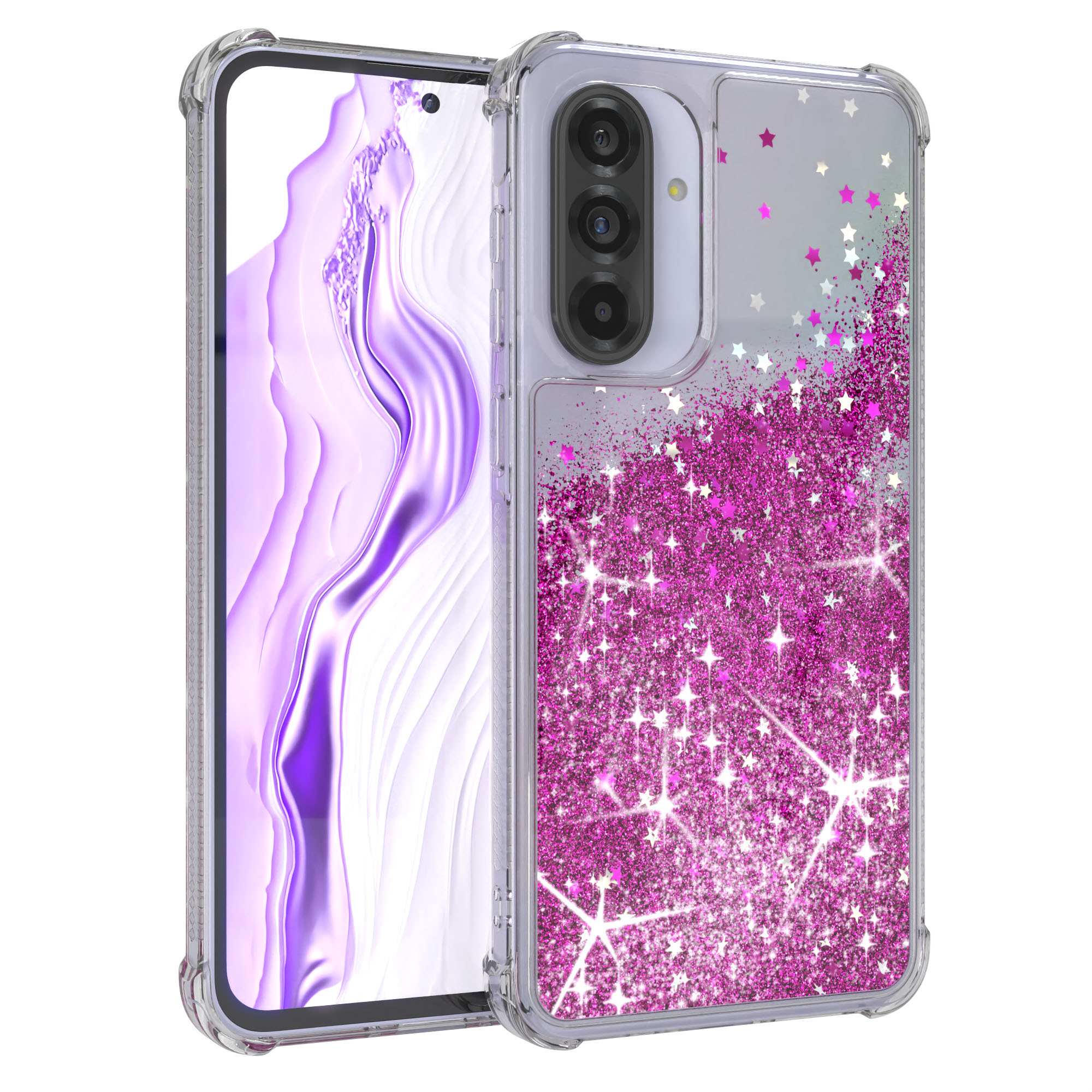 Handyhülle mit Glitzer und Sternen. Das Telefon zeigt einen Steg und Wasser. Weißer Hintergrund.