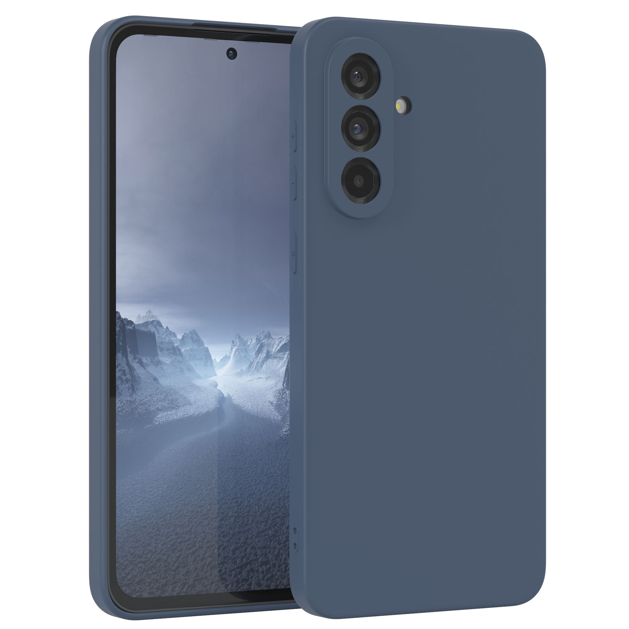 Eine blaue Handyhülle mit einem Telefon darin, auf weißem Hintergrund.