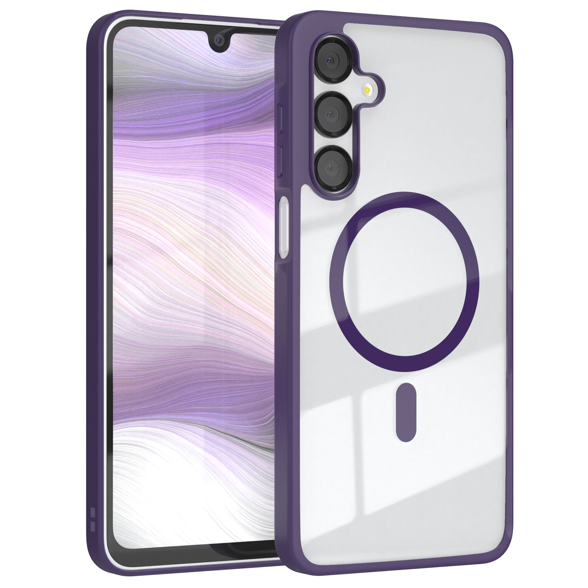 Lila Handyhülle mit Telefon. Weißer Hintergrund. Handyhülle bedeckt das Telefon.