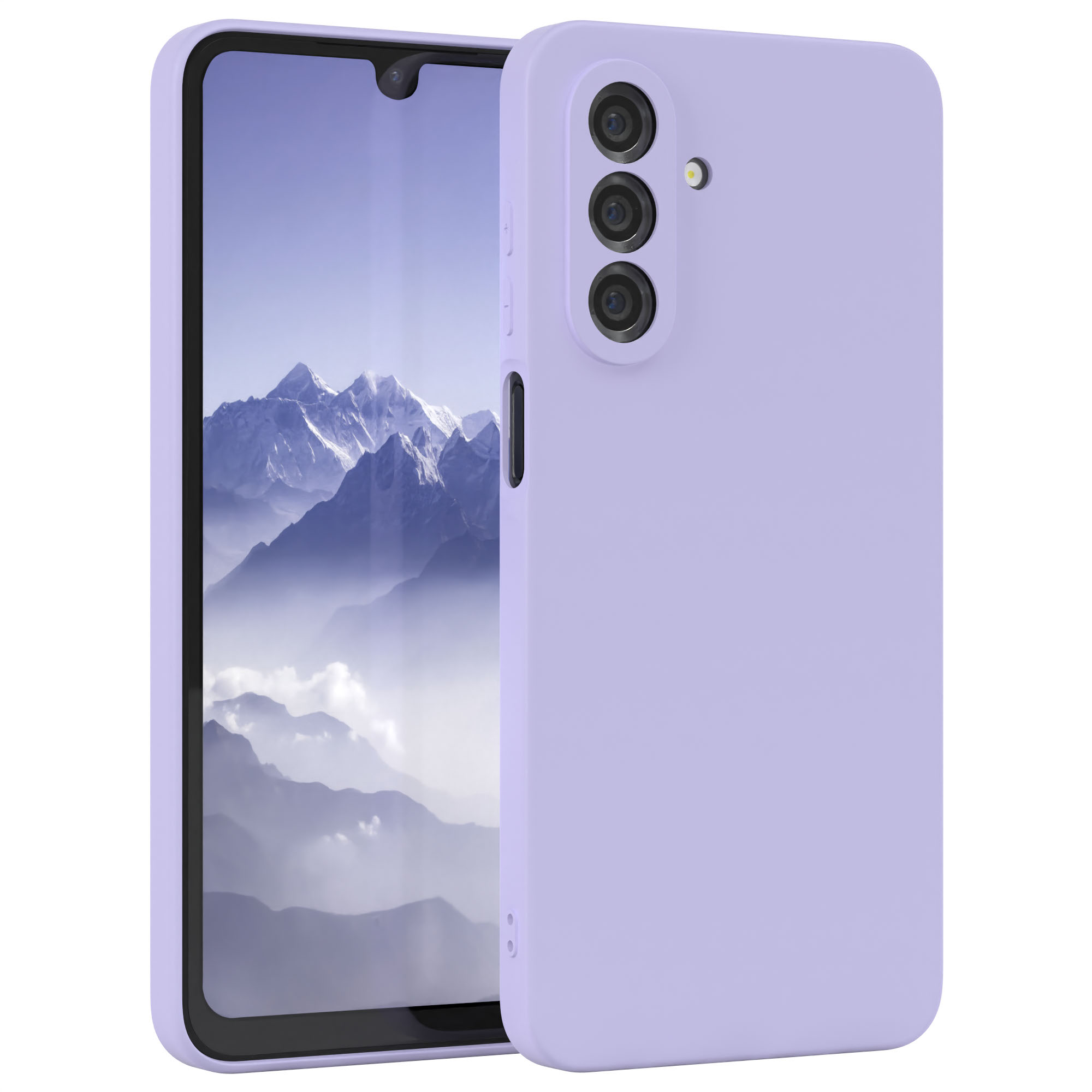 Lila Telefon mit Kamera. Ein helllila Telefon mit drei Kameras und Display.