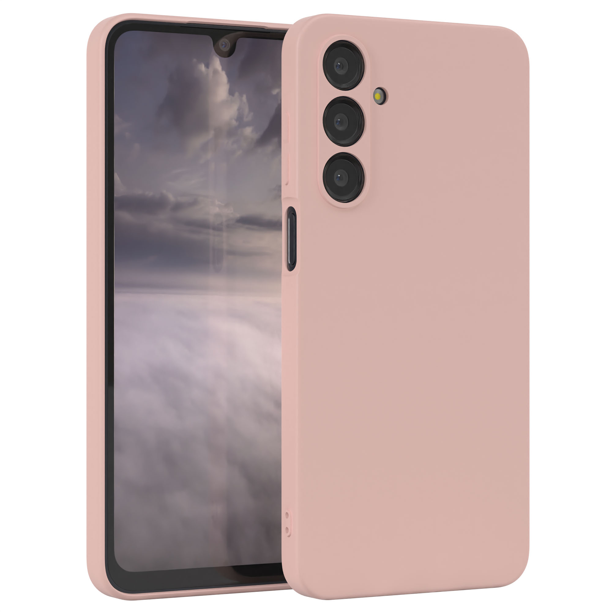 Rosa Handyhülle mit Handy. Das Handy hat einen Bildschirm mit wolkigem Hintergrund.