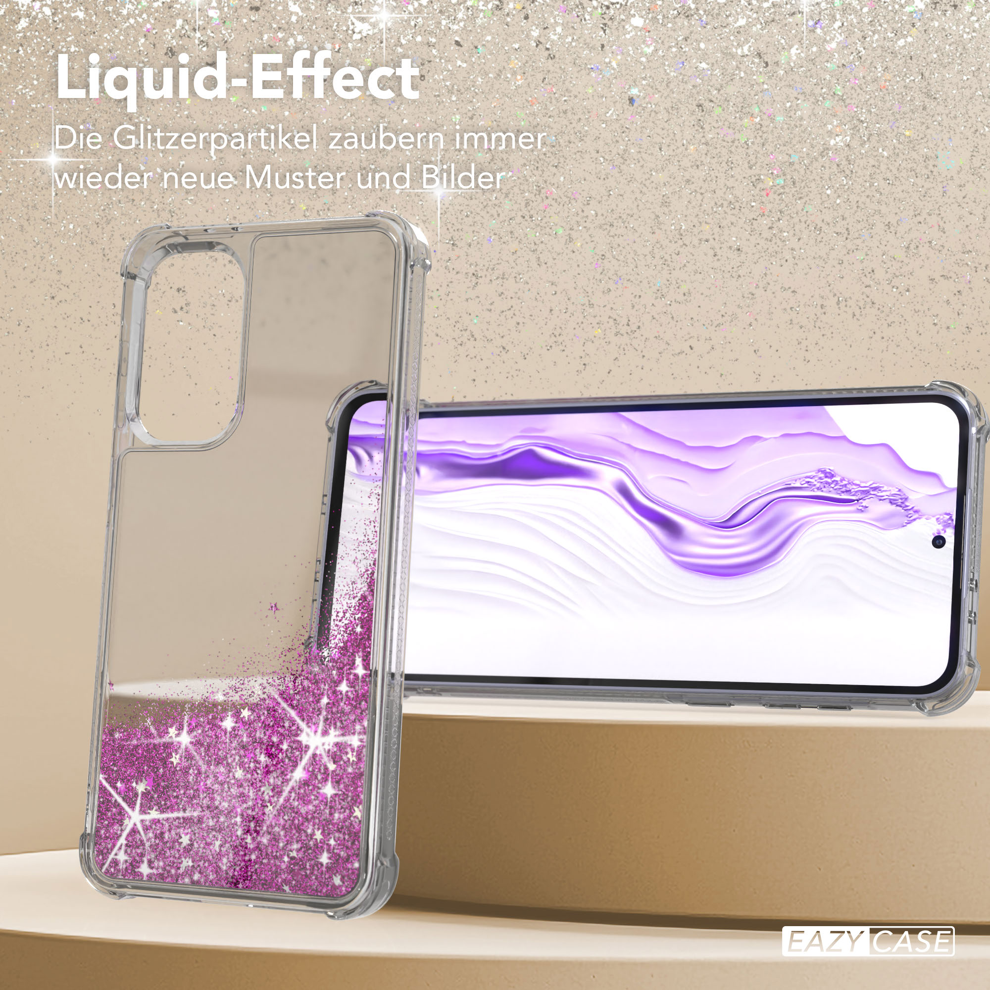 Eine transparente Handyhülle mit Glitzer. Ein Telefon ist darin. Der Hintergrund hat rosa Glitzer.