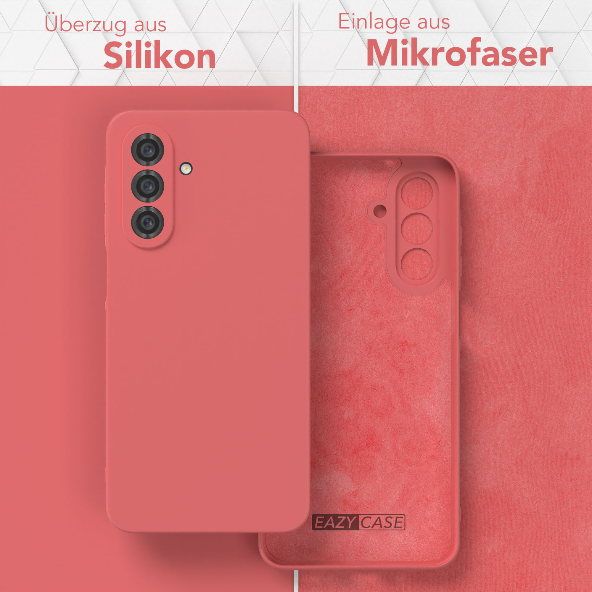 Rote Handyhülle. Eine Seite Silikon, die andere Mikrofaser. Hülle hat drei Kameras.