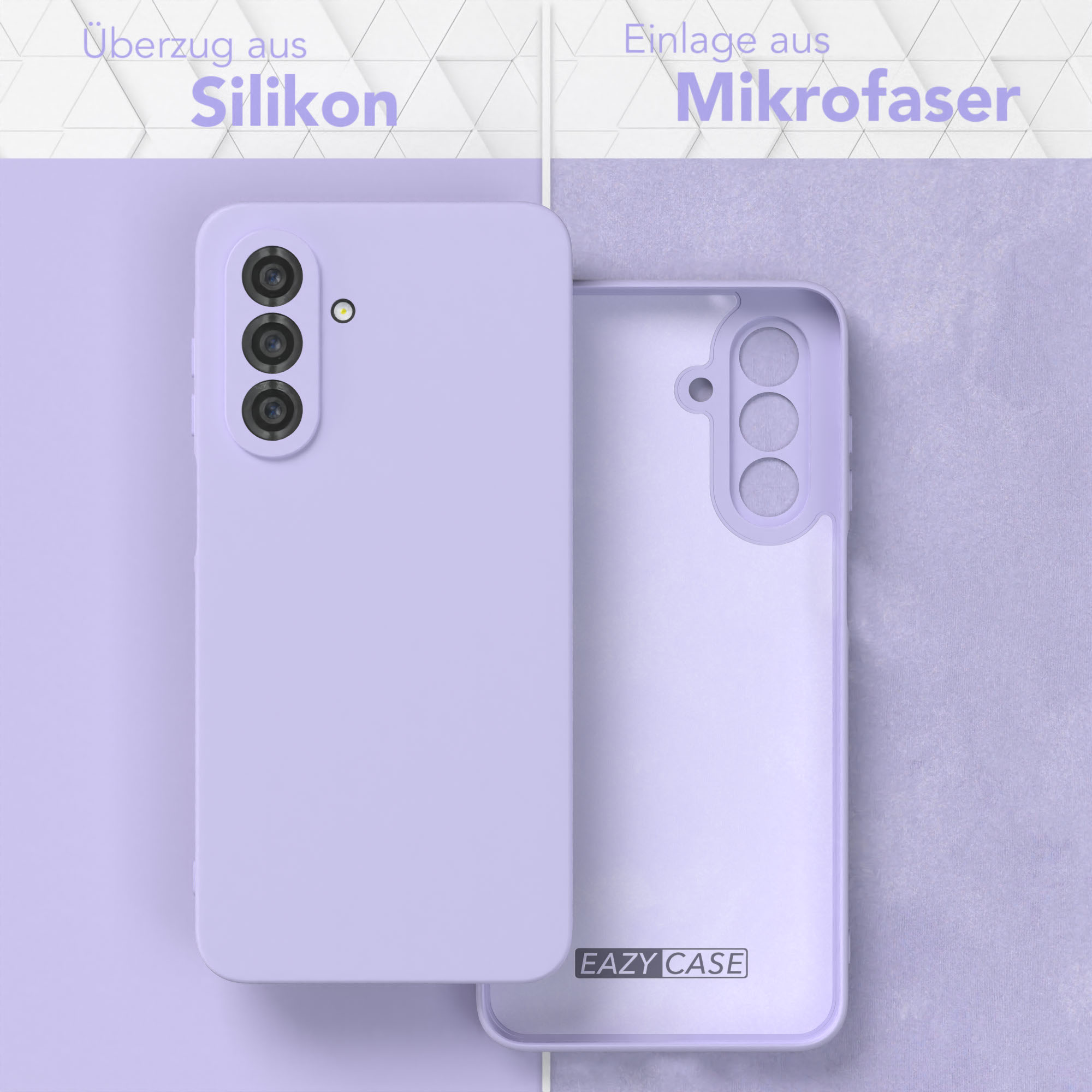 Eine lilafarbene Handyhülle, die Vorder- und Innenseite zeigt. Text: Silikonhülle und Mikrofaser-Einsatz.