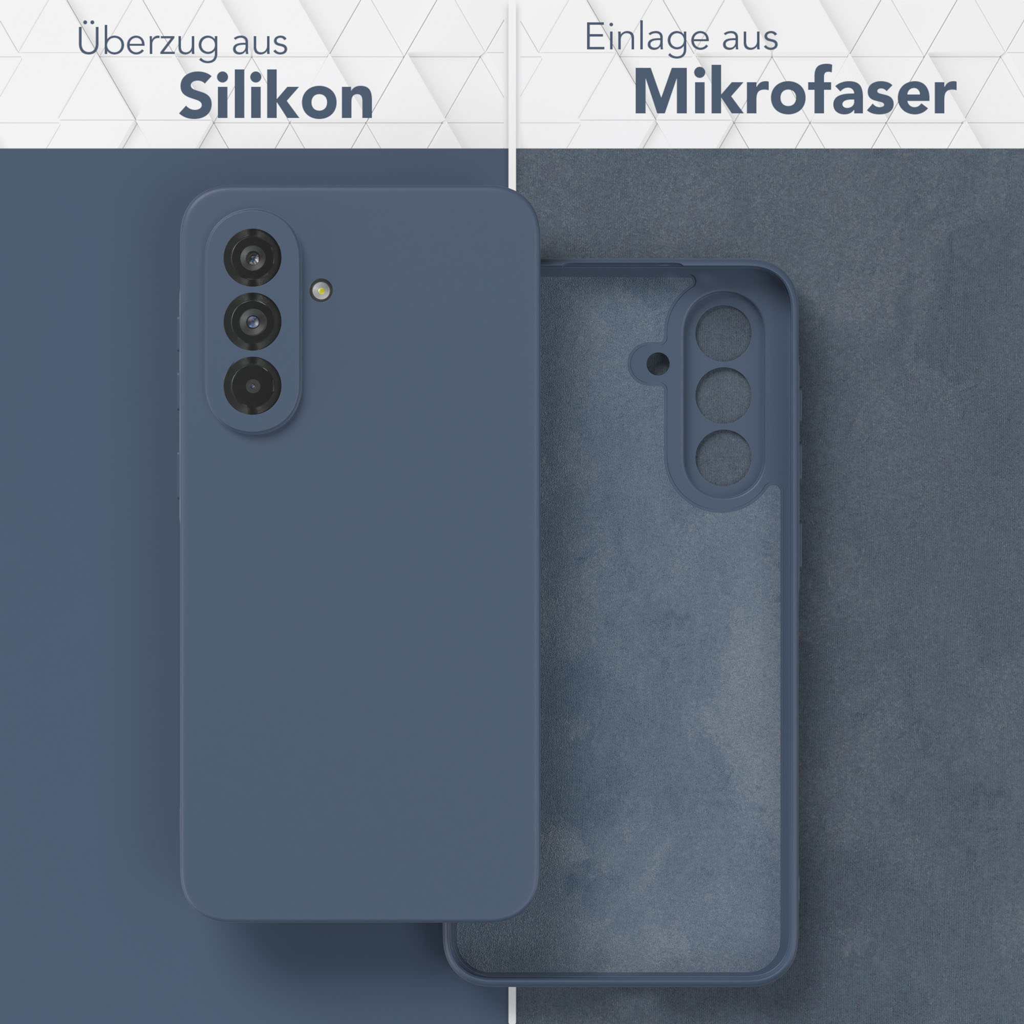 Eine Handyhülle mit Silikon außen und Mikrofaser innen. Die Hülle ist blau.