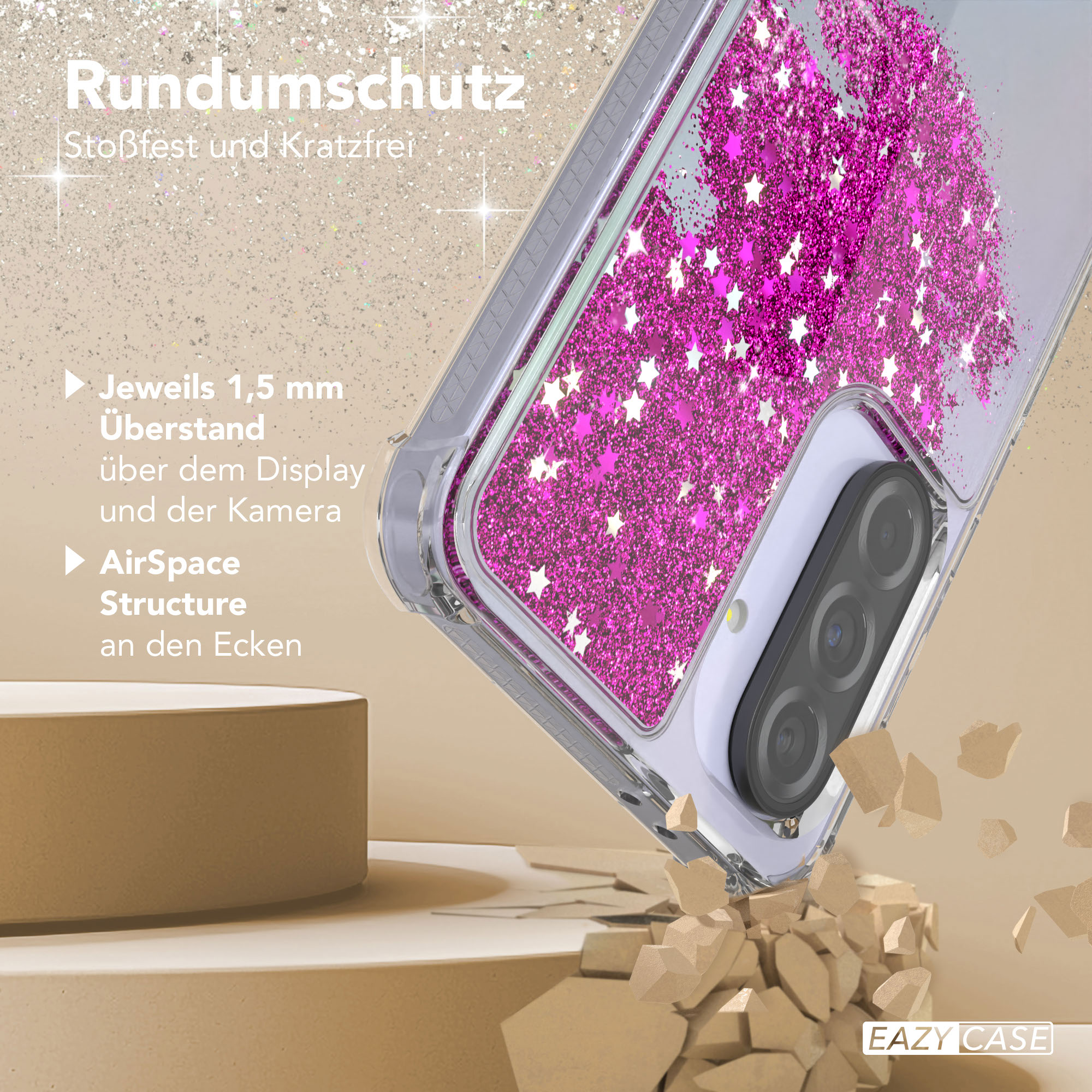 Handyhülle mit rosa Glitzersternen, zerbrochener Aufprallbereich darunter.