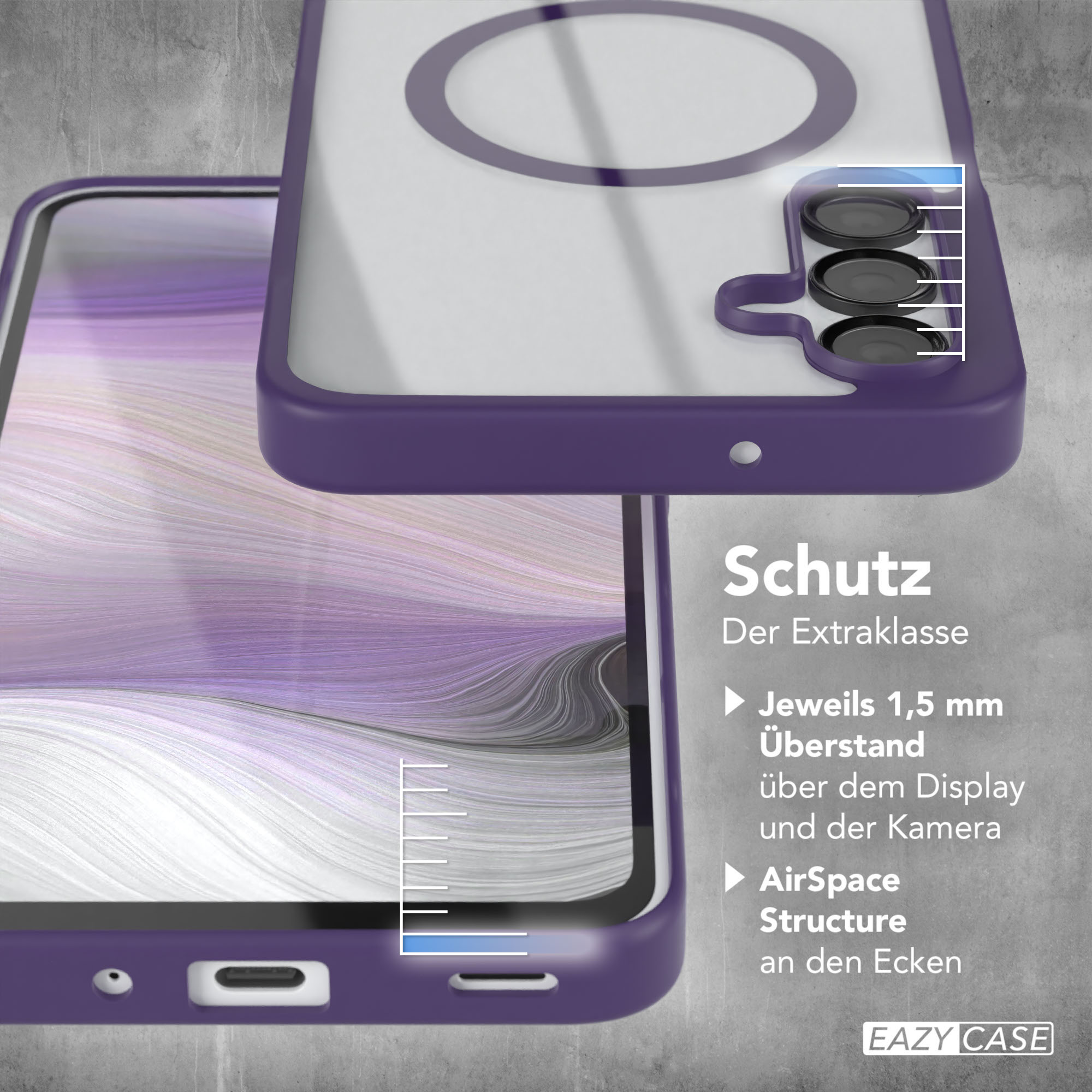 Handyhülle mit Telefon, lila. Zeigt Schutzfunktionen.