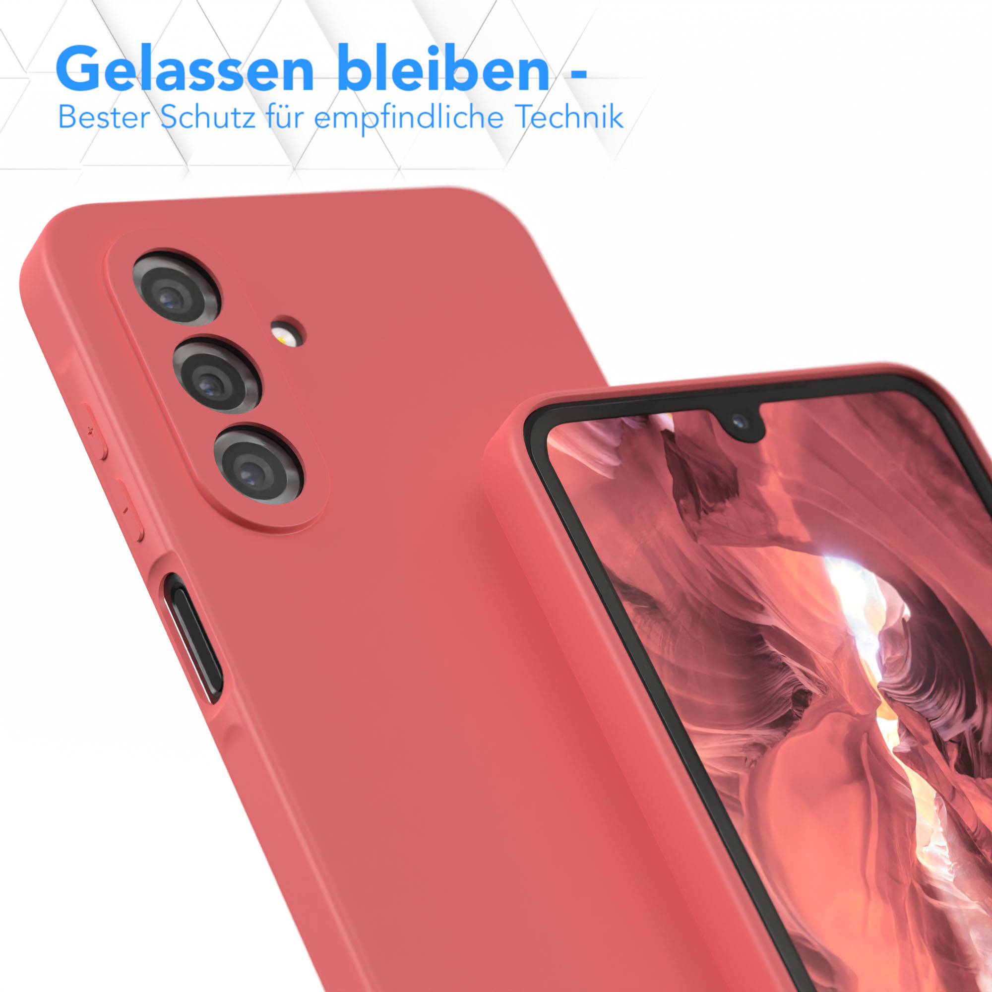 Nahaufnahme einer roten Handyhülle auf einem rosa Telefon, zeigt Kameradetails.