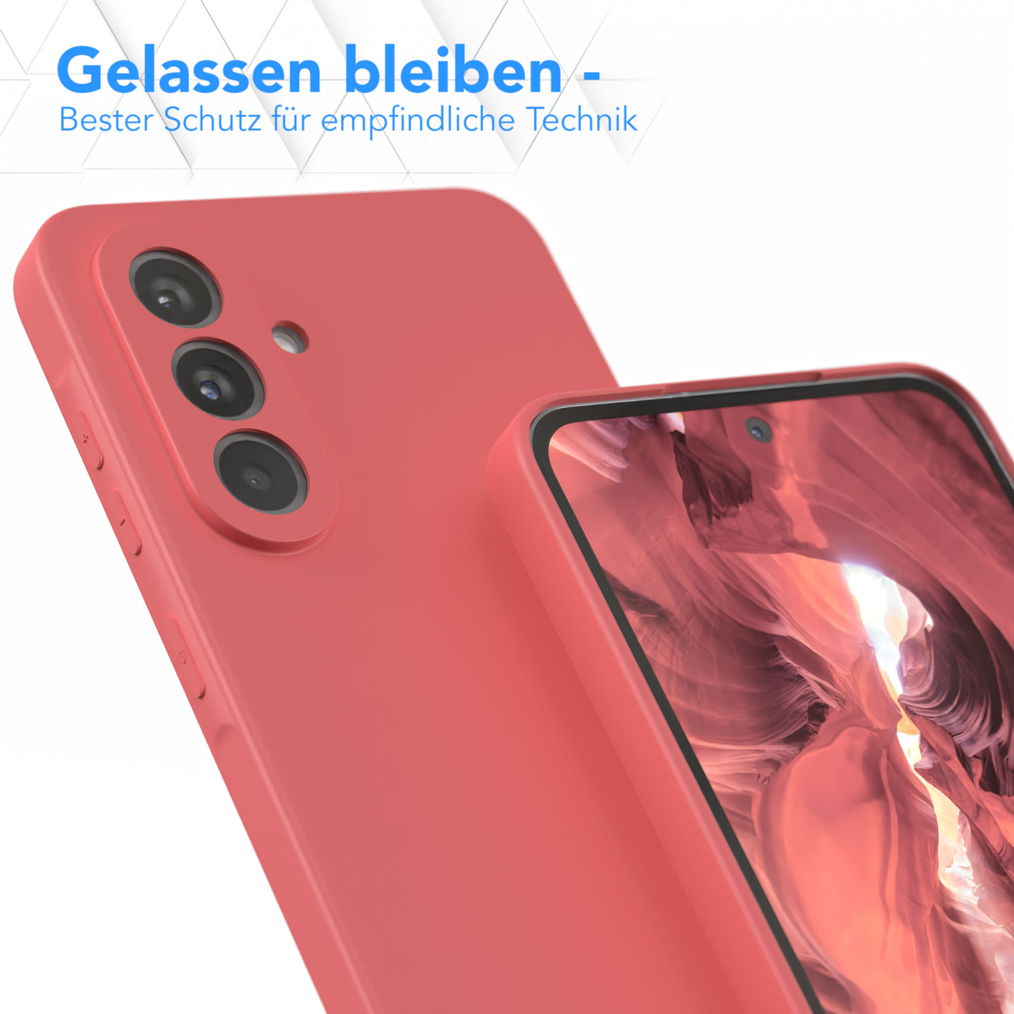 Eine rote Handyhülle und ein Telefon. Die Handyhülle schützt das Gerät.