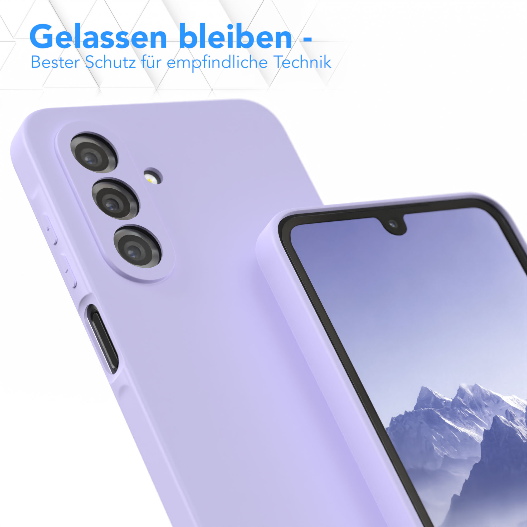 Zwei lila Telefone mit Hülle. Text erklärt den Schutz. Hintergrund unscharf.
