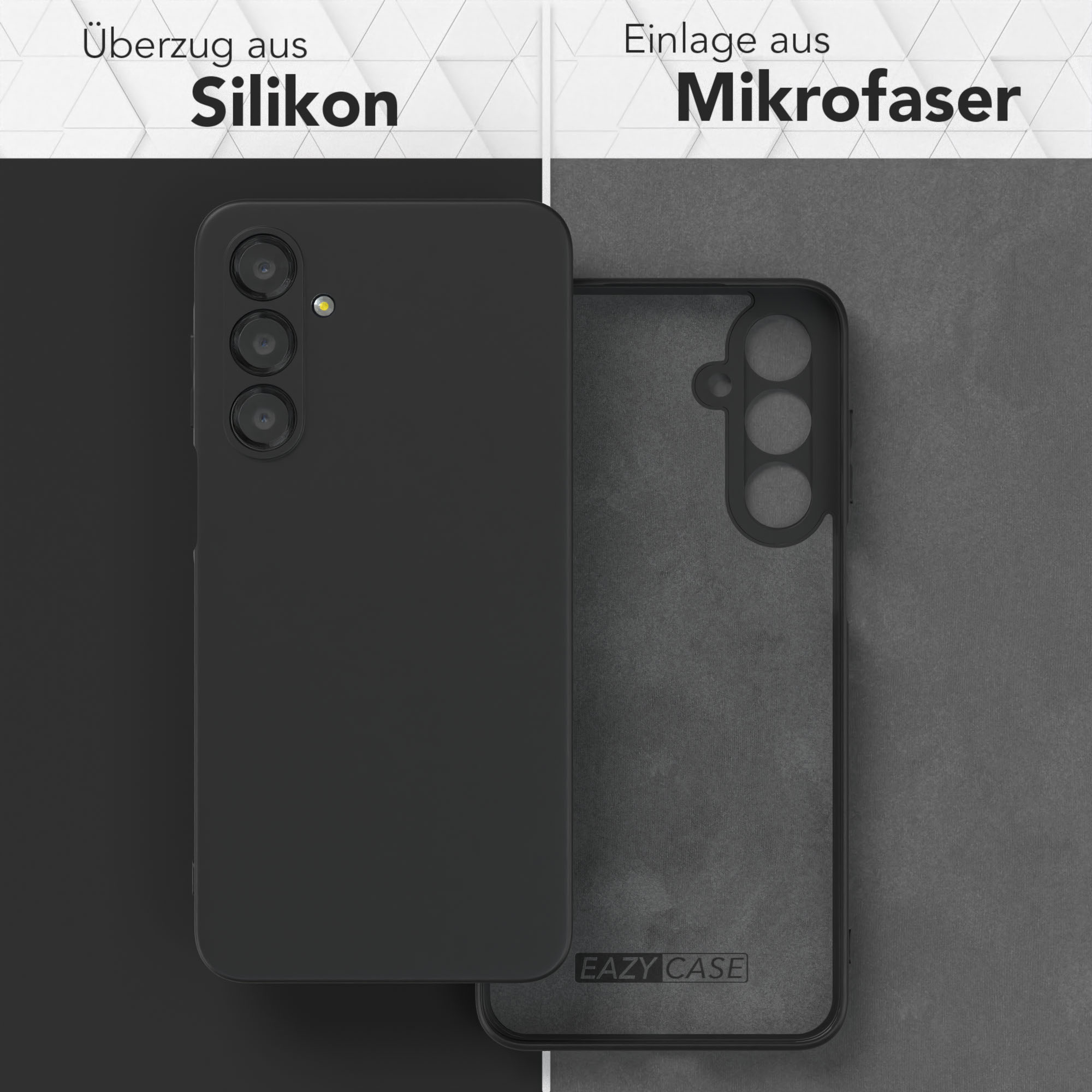 Schwarze Handyhülle. Silikon außen, Mikrofaser innen. Zeigt Außen- und Innenseite.
