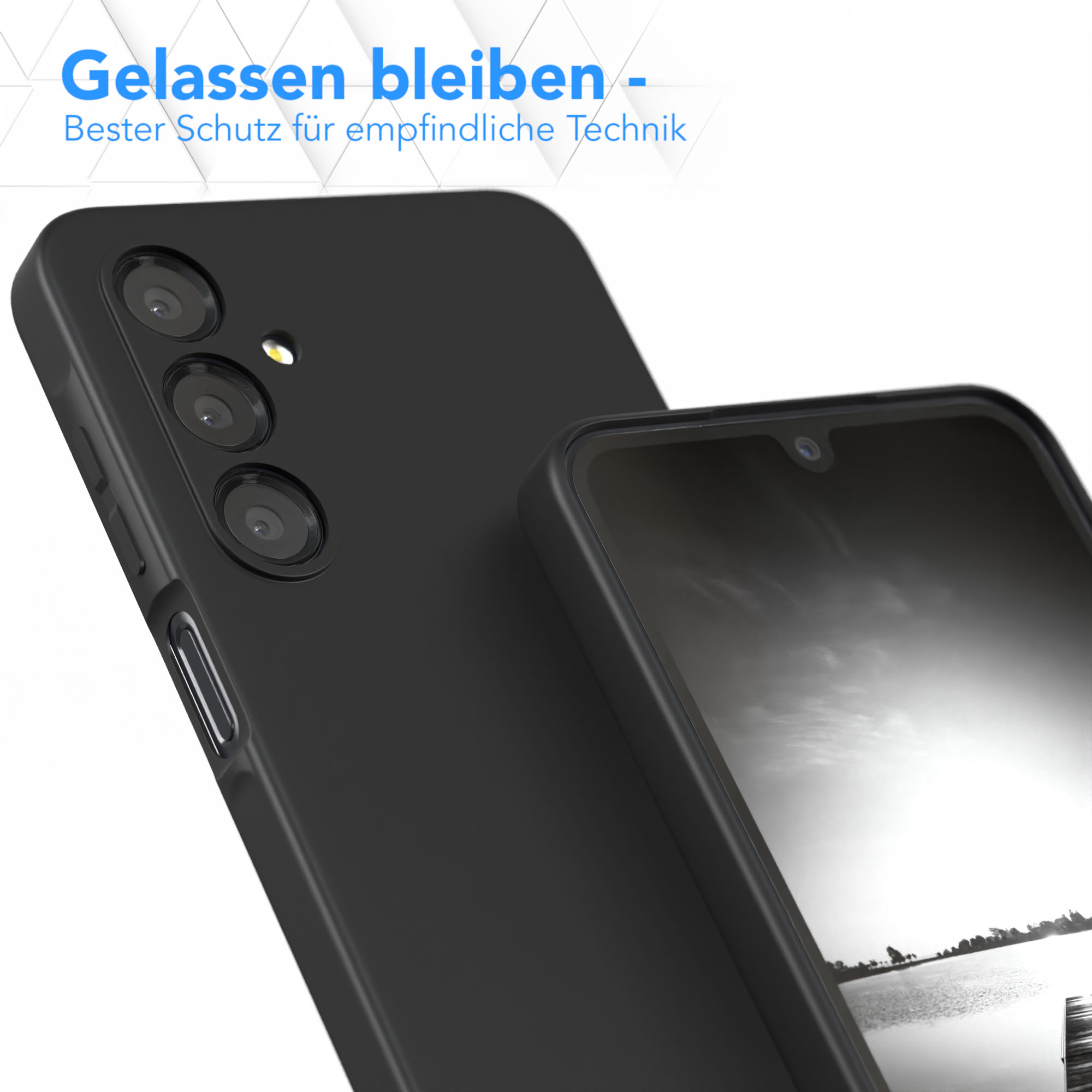 Schwarze Handyhülle und Telefon. Das Telefon hat ein Schwarz-Weiß-Bild auf dem Bildschirm.