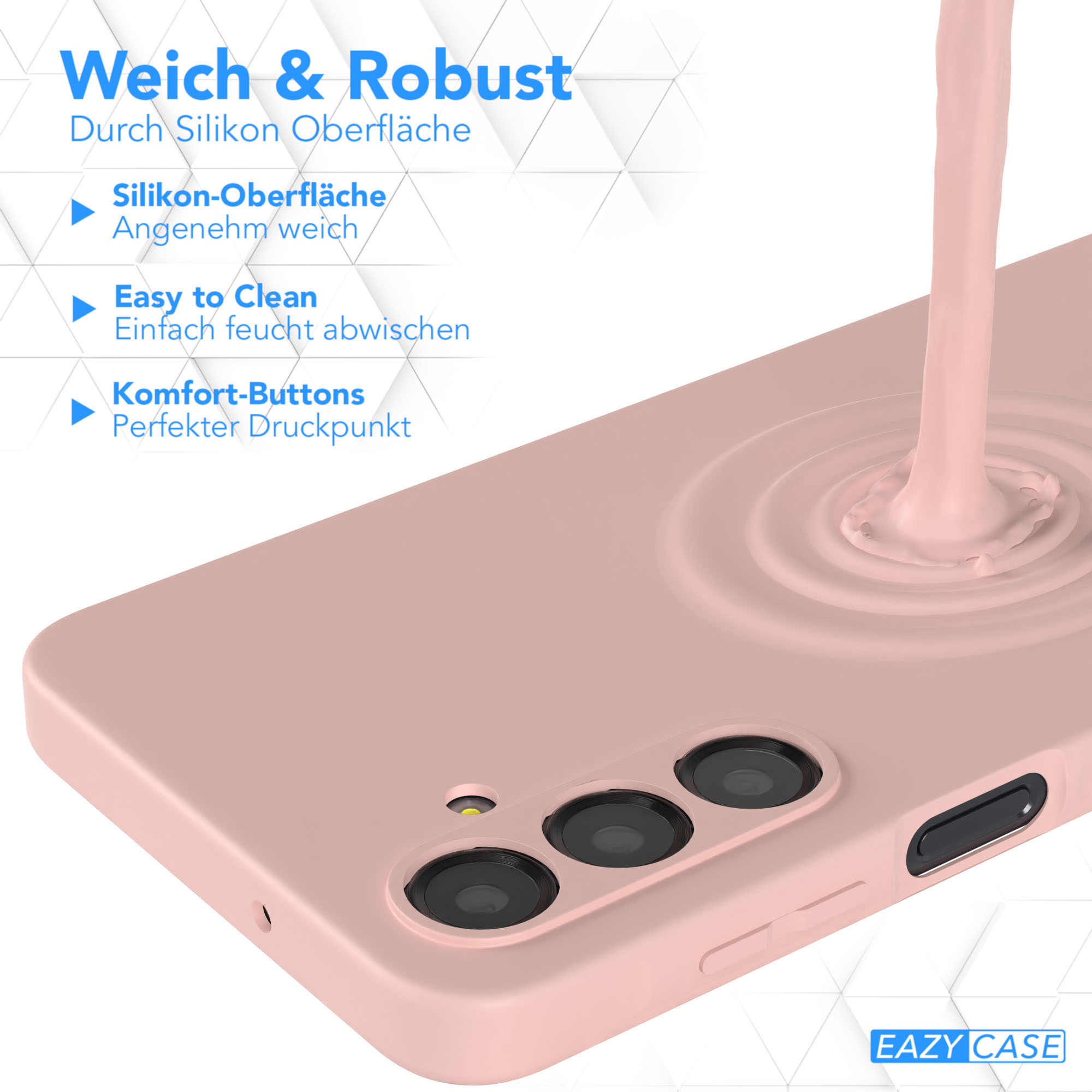 Eine Handyhülle mit rosa Flüssigkeit, die darauf gegossen wird, zeigt die Silikonoberfläche nah.