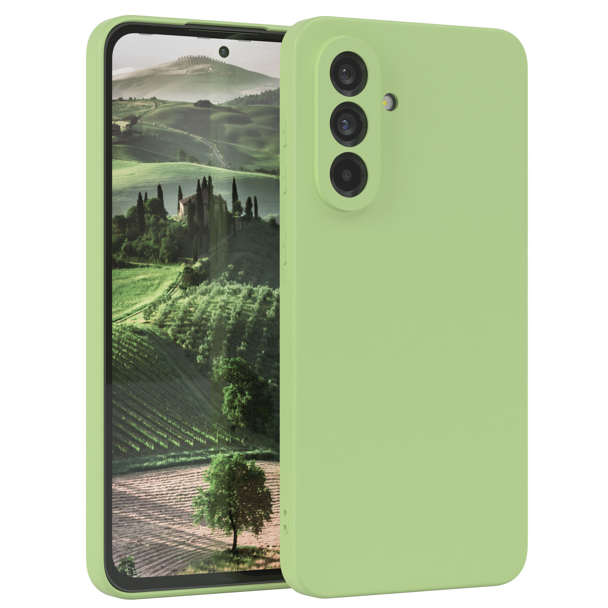 Hellgrüne Handyhülle mit Telefon. Das Telefon zeigt eine Landschaft. Drei Kameras hinten.