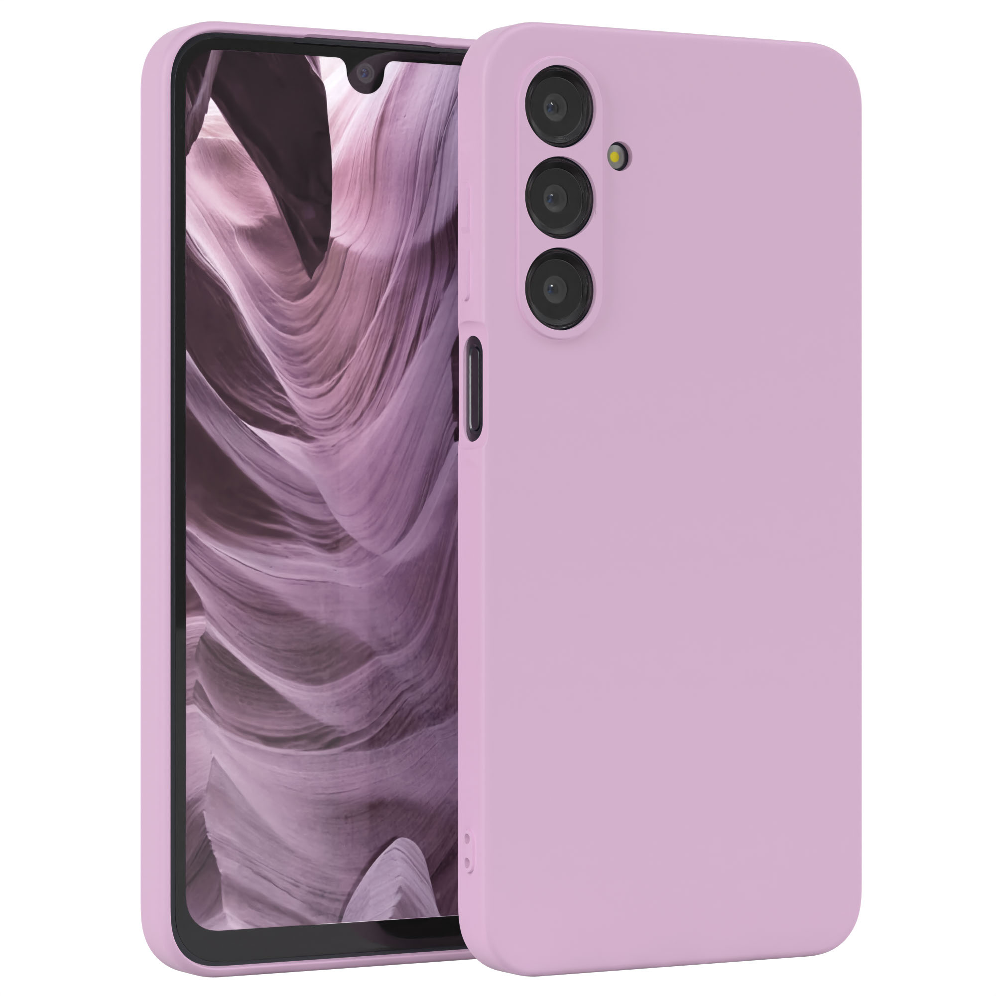 Rosa Handyhülle, Telefon zeigt Landschaftsbild. Weißer Hintergrund.