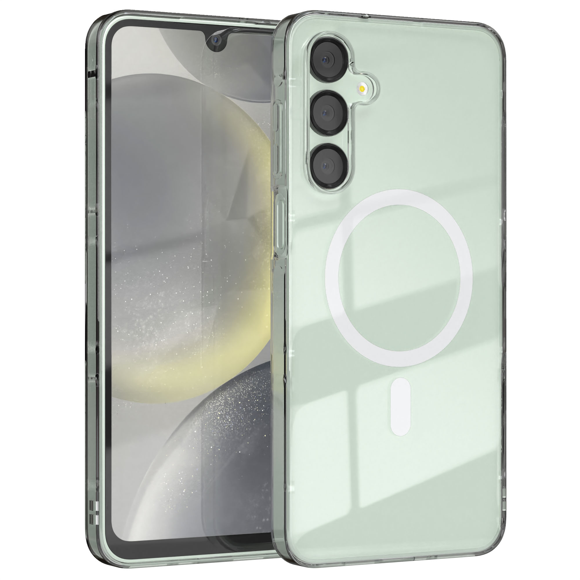 Ein Telefon in einer transparenten Hülle mit einem weißen Kreis auf der Rückseite.