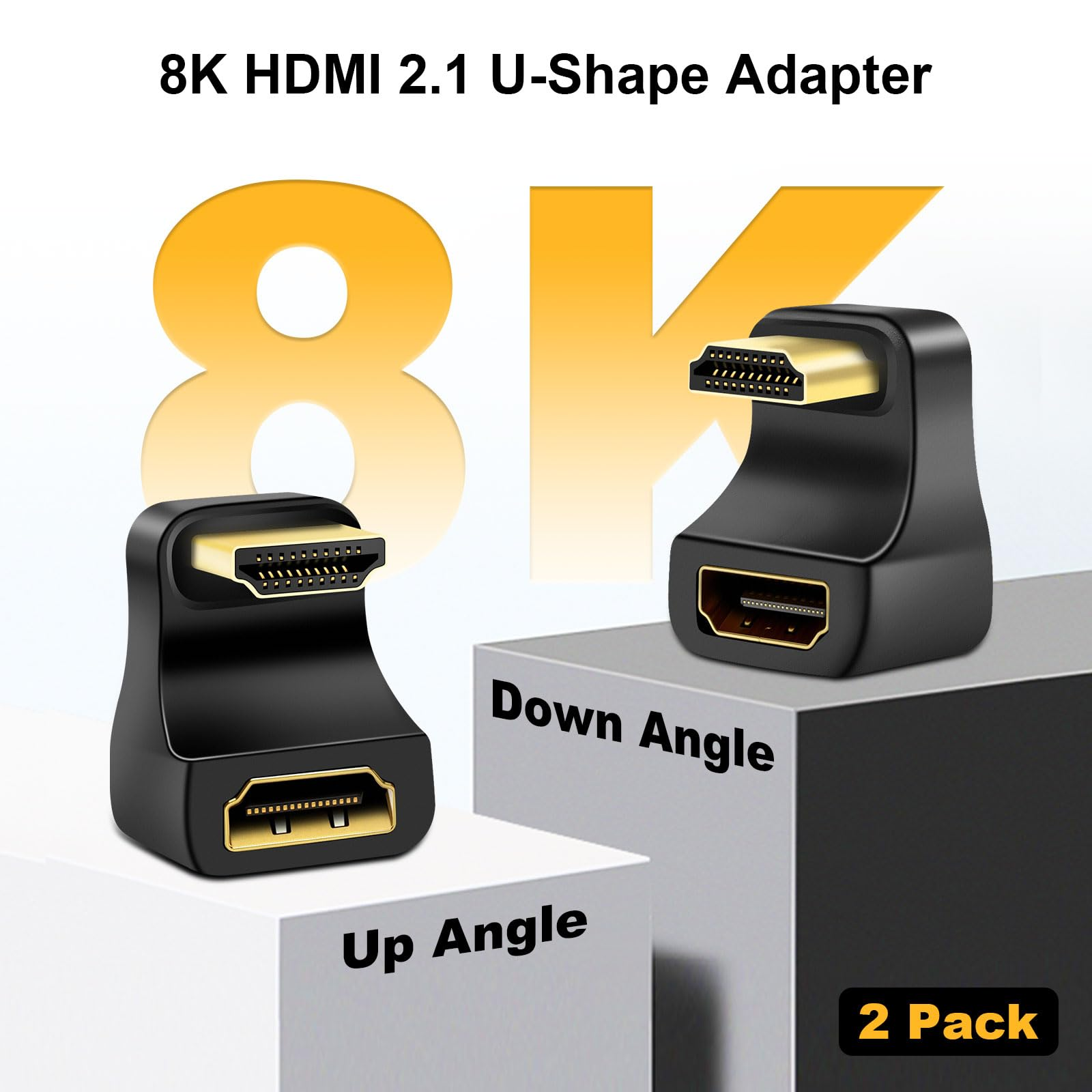 Zwei schwarze HDMI-Adapter, einer aufwärts und einer abwärts gewinkelt, mit 8K-Text.