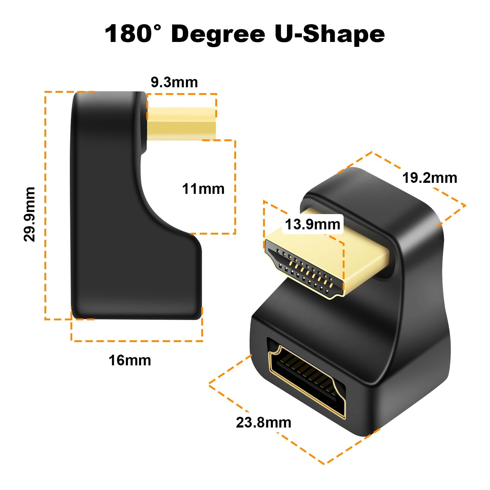 Ein HDMI-Adapter in U-Form. Die Abmessungen sind im Bild angegeben.