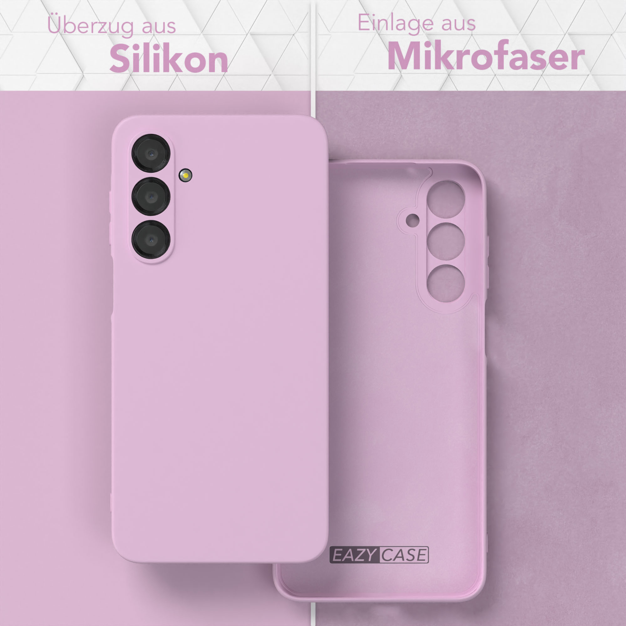 Zwei Handyhüllen, eine pink, eine ohne. Der Text auf dem Bild lautet Silikon und Mikrofaser.