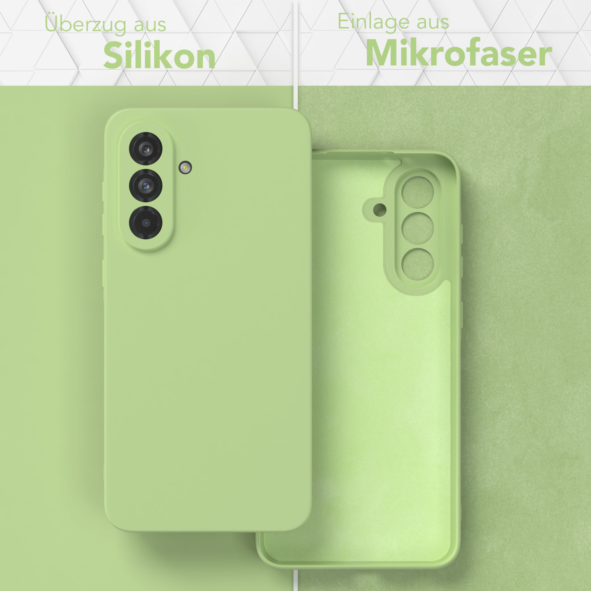 Zwei Handyhüllen, eine offen. Eine limettengrün, eine mit grünem Innenraum.